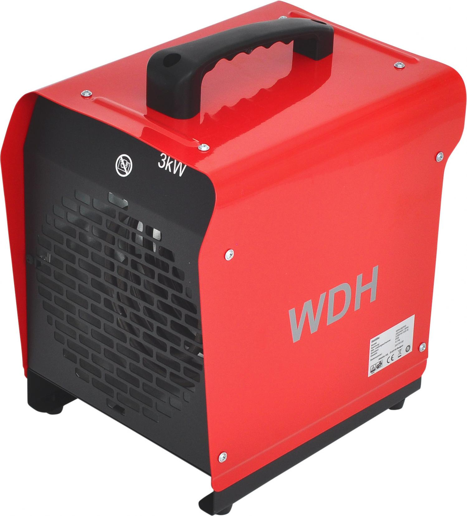 Roter WDH-Elektroheizer mit schwarzer Front und Griff. Hat ein Bedienfeld und ein Netzkabel.