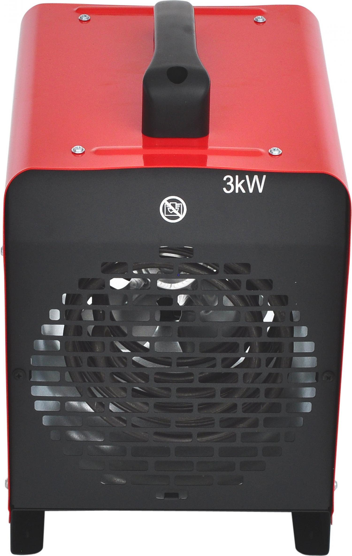 Roter Elektroheizer mit schwarzer Front und Griff, weißer Hintergrund. 3kW-Etikett.