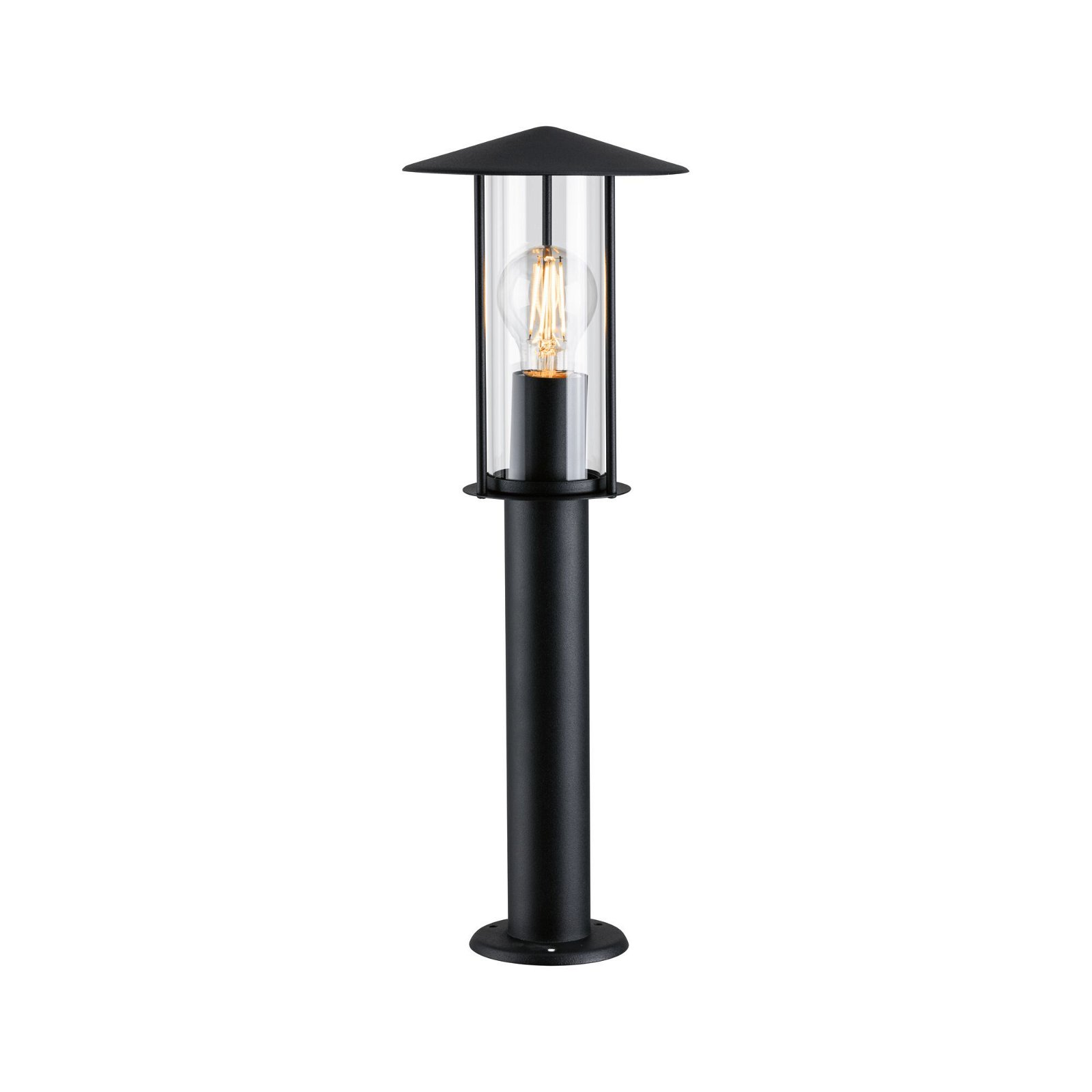 Lampada da esterno nera con vetro trasparente. Ha una lampadina. La lampada è su un palo nero.