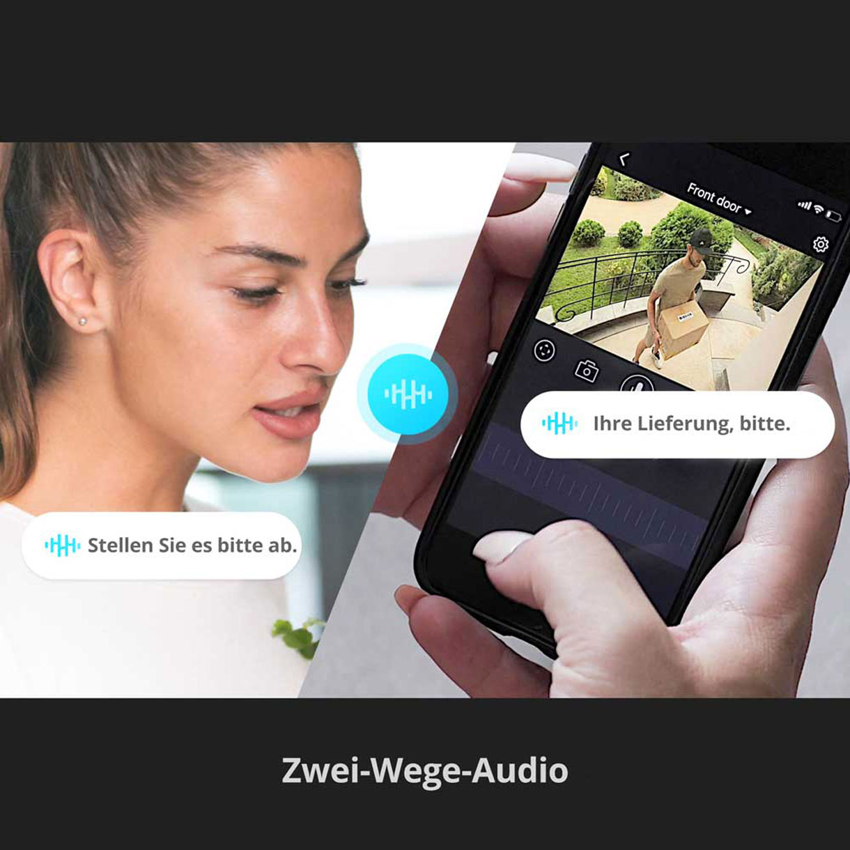 Kobieta patrzy na ekran telefonu. Telefon pokazuje dostawcę przy drzwiach. Tekst: 'Państwa dostawa, proszę'.