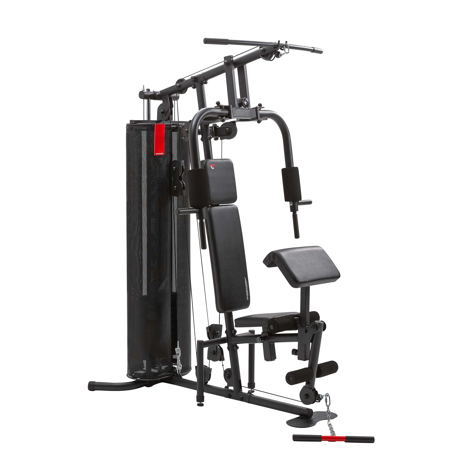 Eine schwarze Fitnessmaschine wird vor weißem Hintergrund gezeigt.