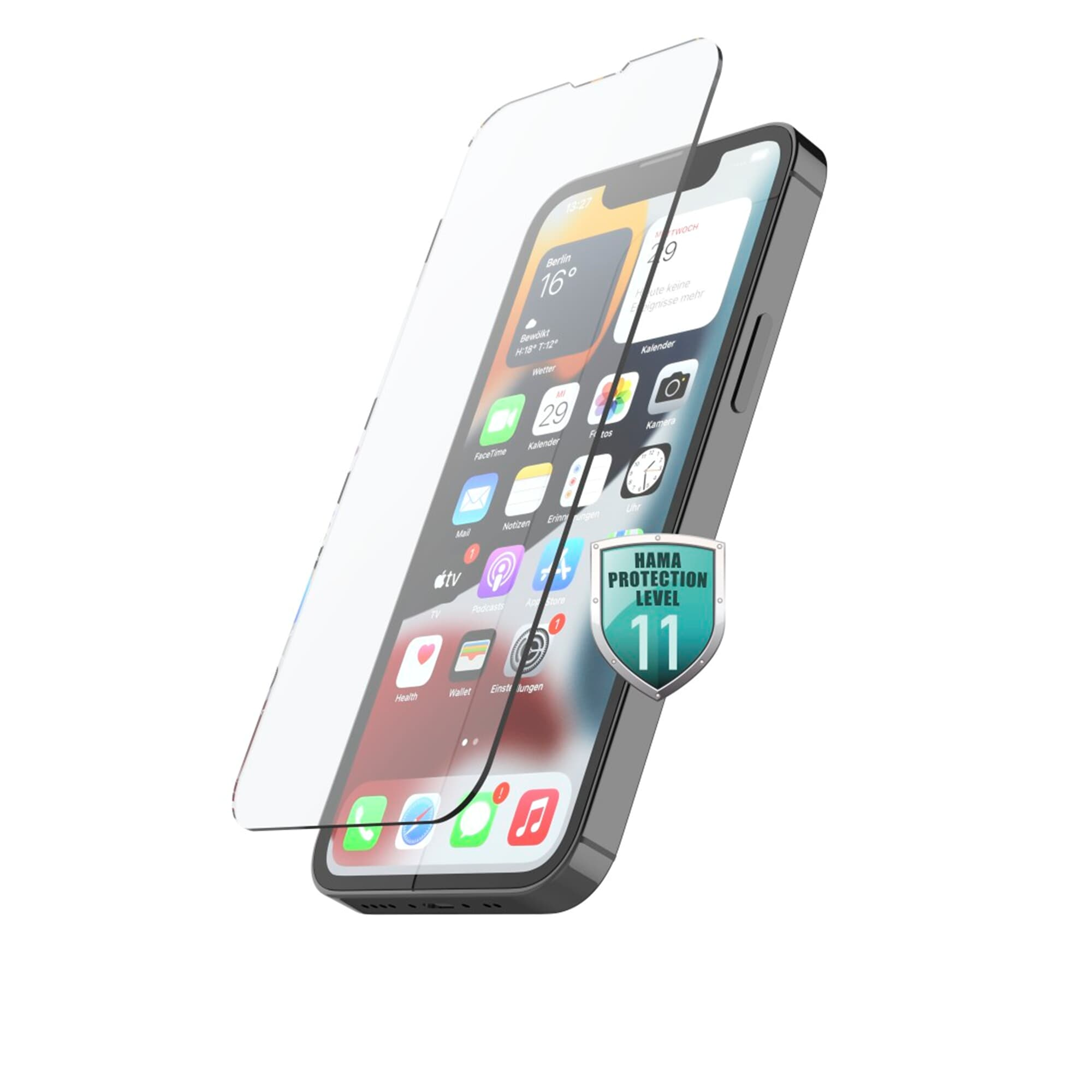iPhone con protezione schermo. Protezione schermo trasparente davanti al telefono con etichetta scudo.