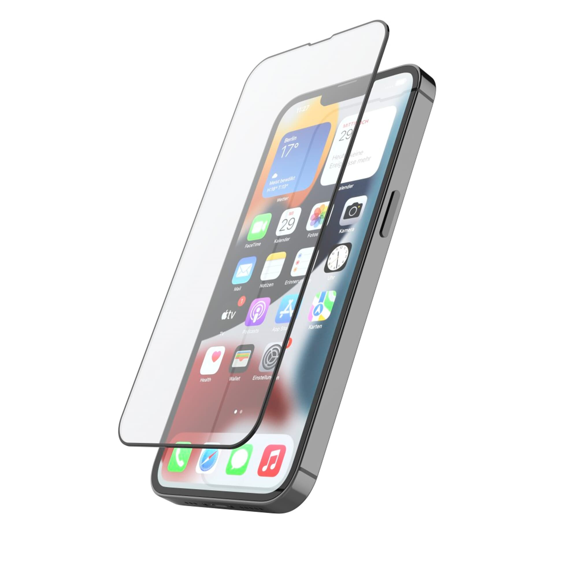 iPhone nero con protezione schermo. Display con icone app. Protezione staccata dal telefono.