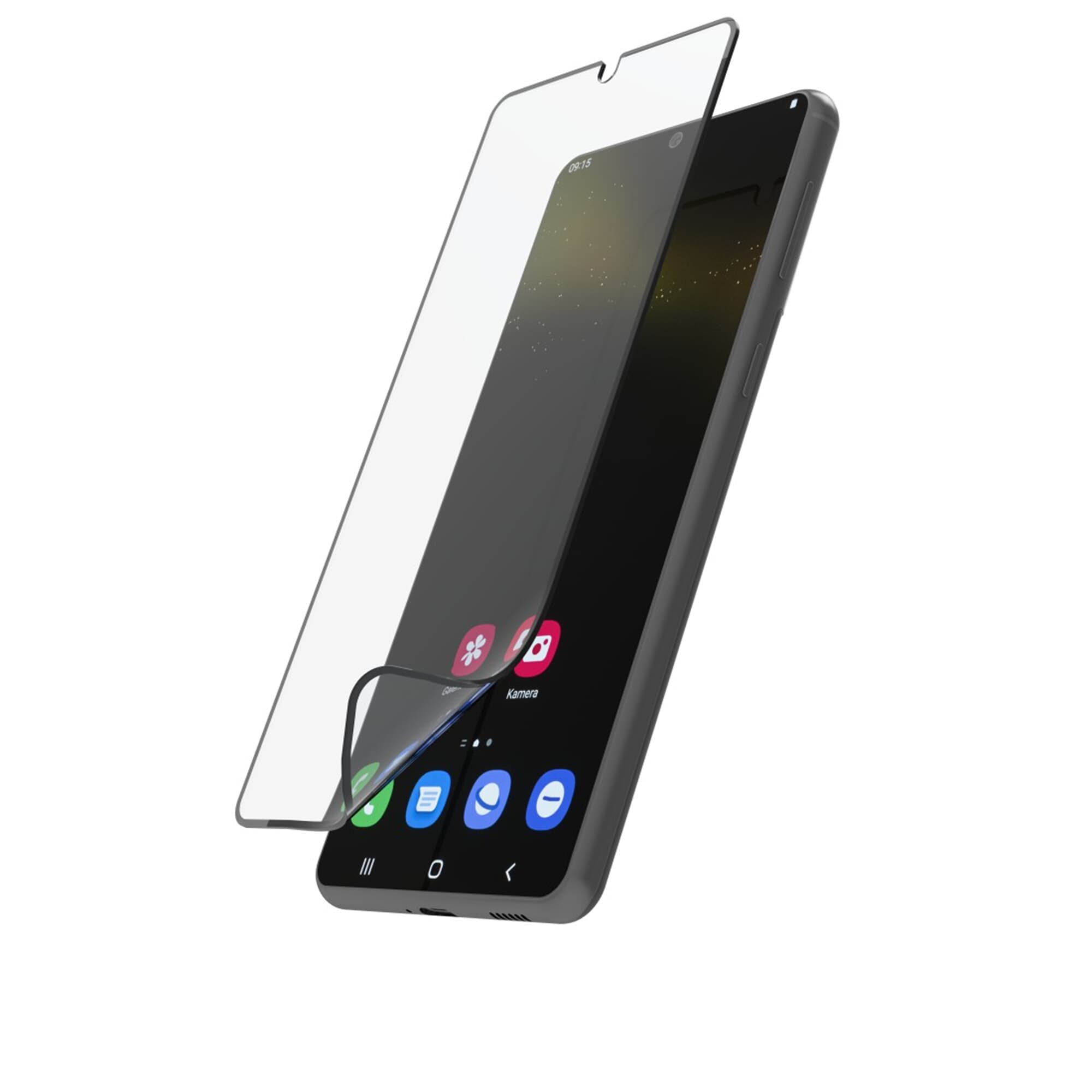 Telefono con protezione schermo, icone app, su sfondo bianco.