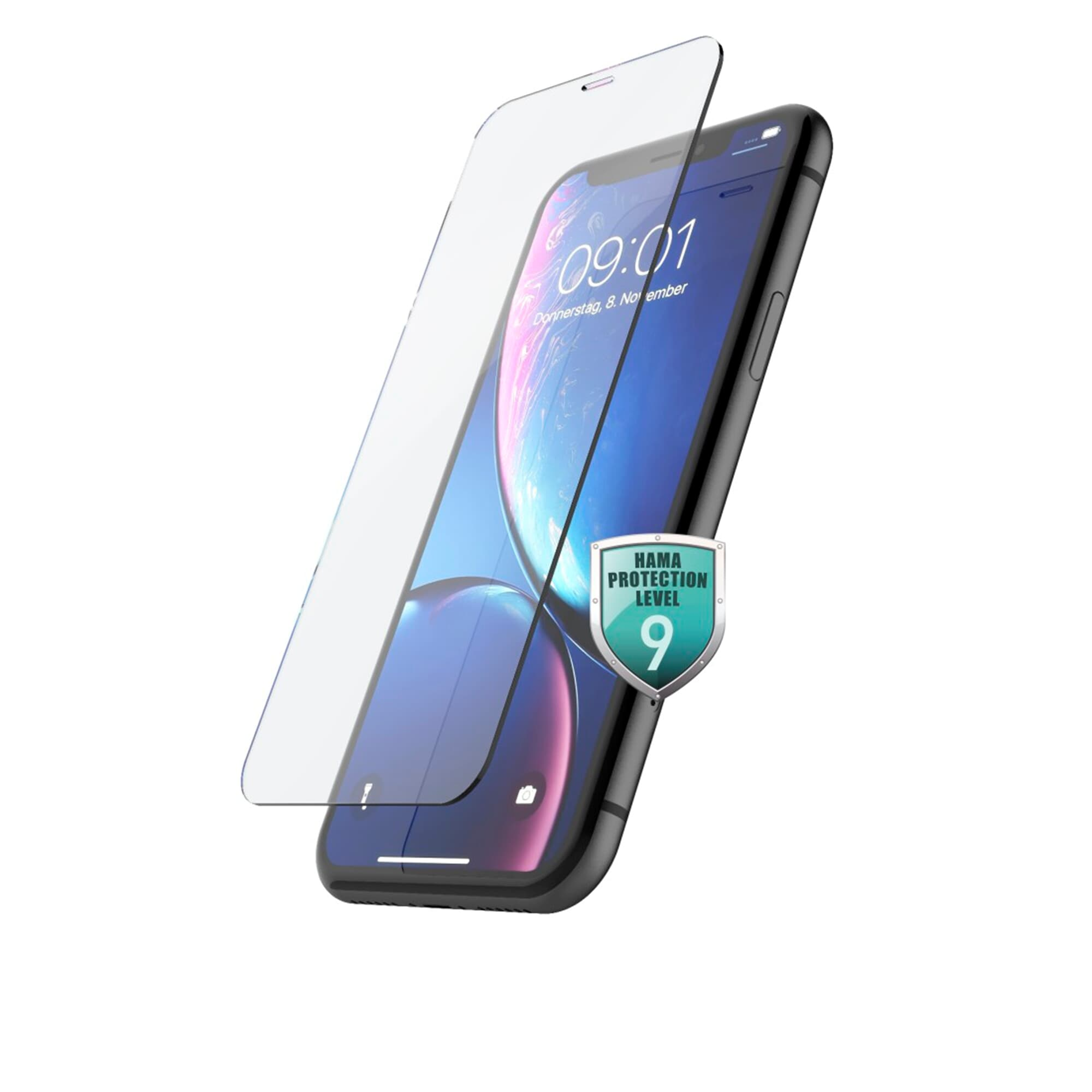Telefono con protezione schermo. Il telefono mostra l'ora.