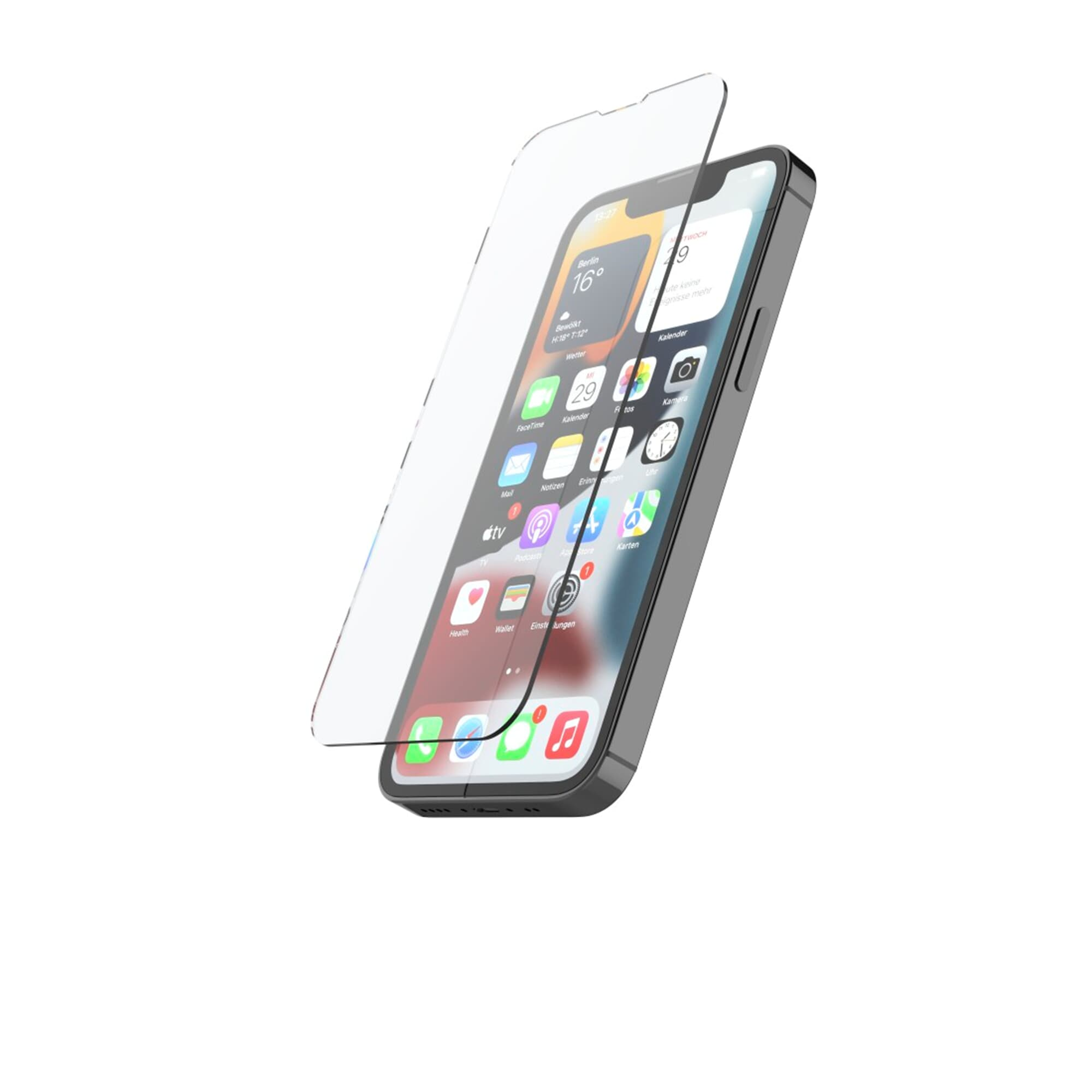 Telefono con protezione schermo. Mostra telefono e protezione. Sfondo bianco.
