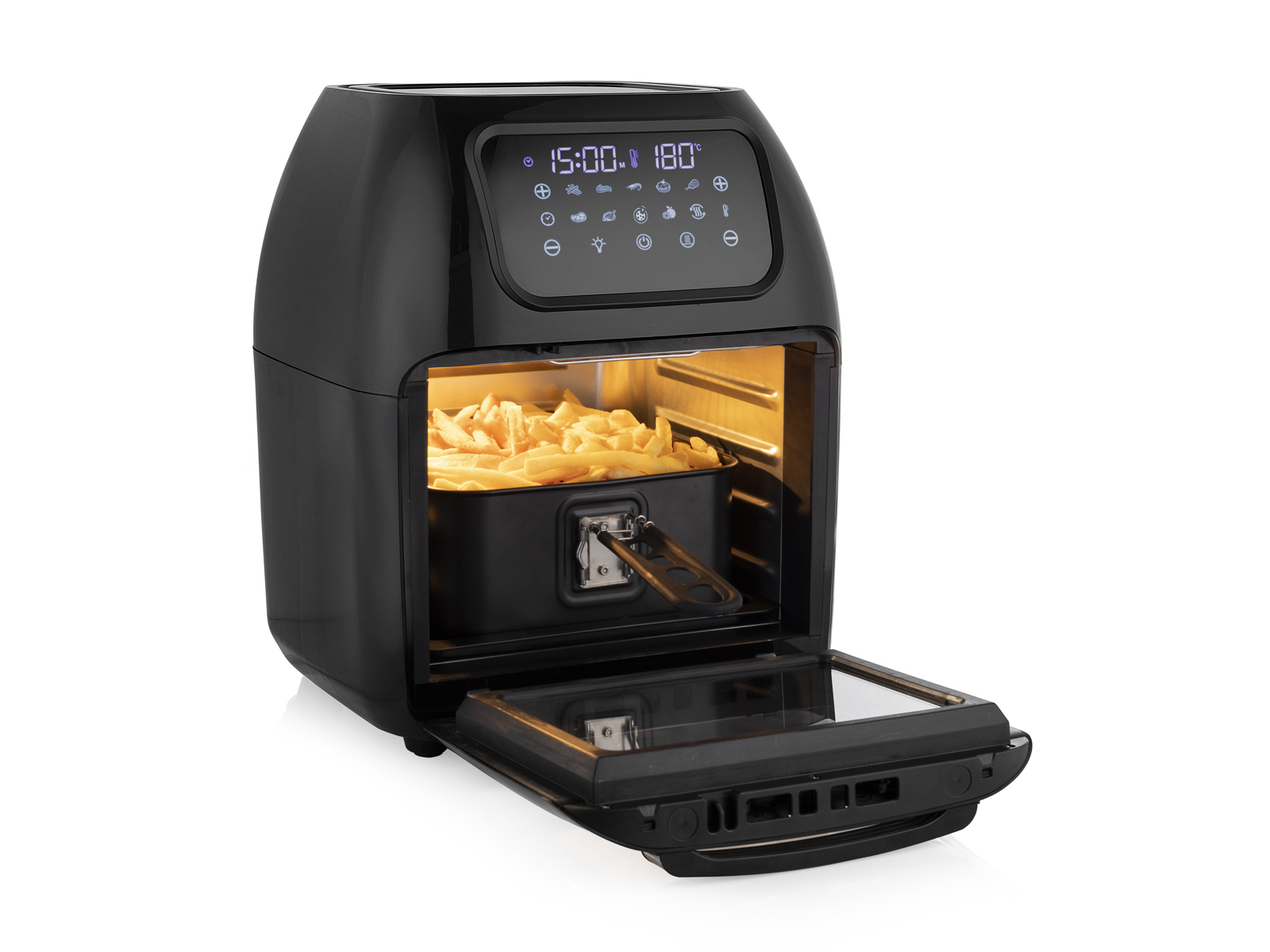Czarna frytkownica powietrzna z otwartymi drzwiami, pokazująca frytki w środku. Panel sterowania jest widoczny.