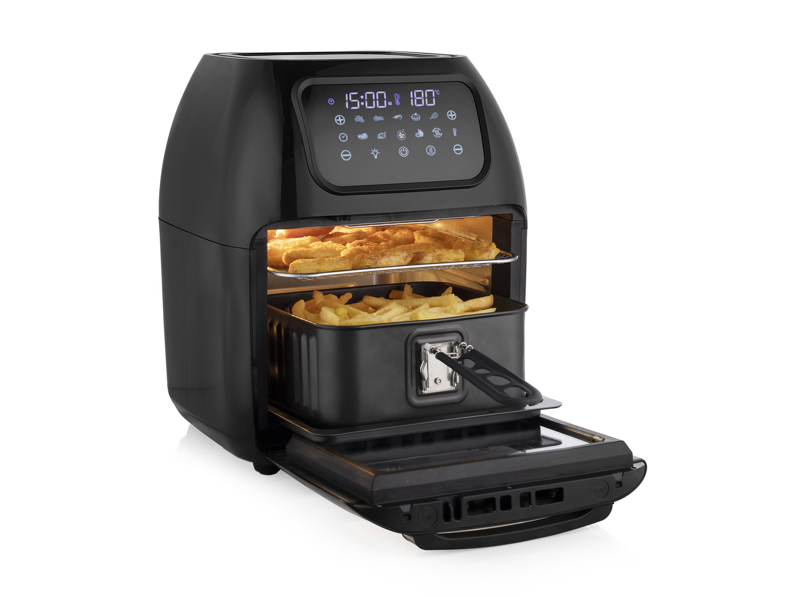 Czarna frytkownica powietrzna z otwartą szufladą, pokazująca frytki i smażone jedzenie.