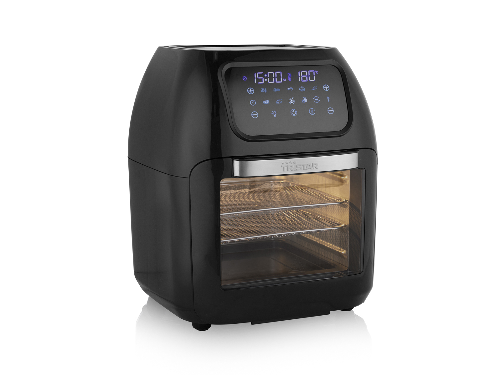 Czarna frytownica beztłuszczowa z cyfrowym wyświetlaczem na górze. Wnętrze ma metalowe ruszty.