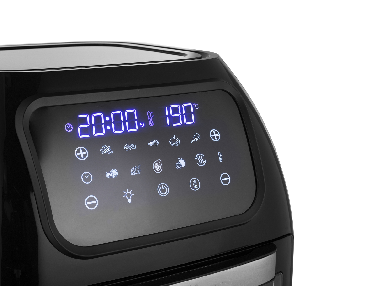 Czarny panel sterowania frytkownicy powietrznej z czasem, temperaturą i ikonami na białym tle.