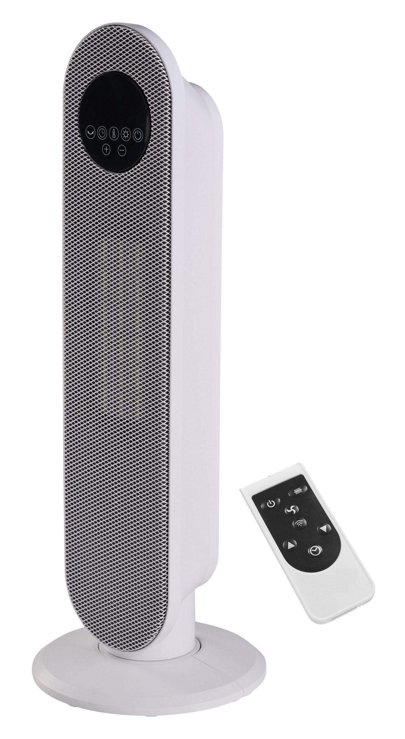 Weißer Turmventilator mit Fernbedienung. Der Lüfter hat ein schwarzes Bedienfeld.