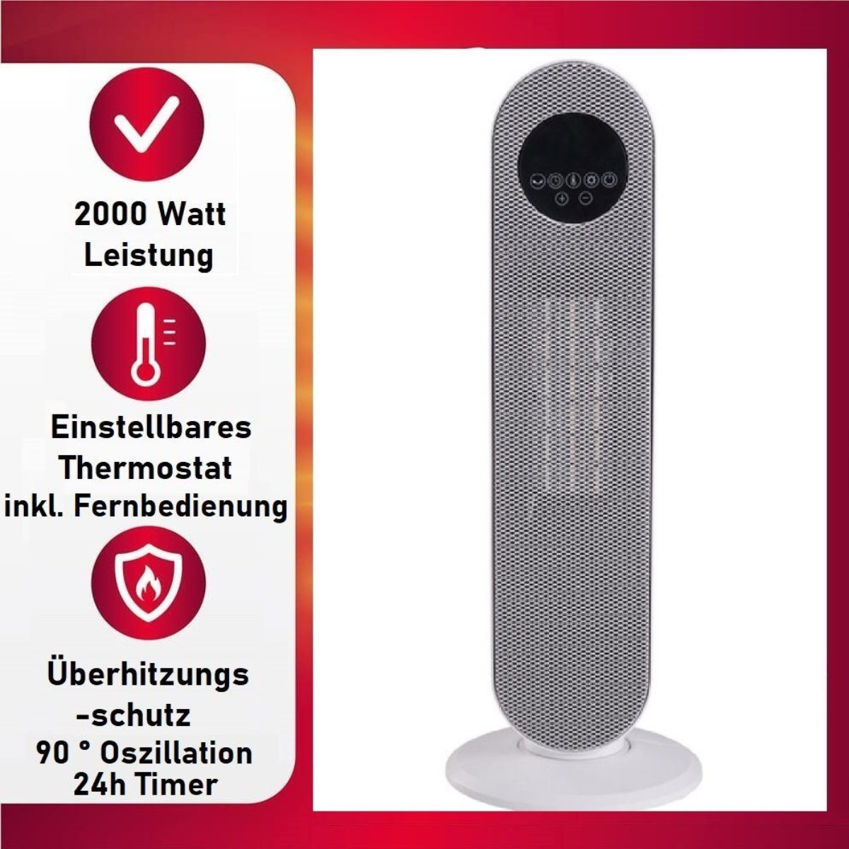 Ein weiß-grauer Elektroheizer mit Produktinformationen links.