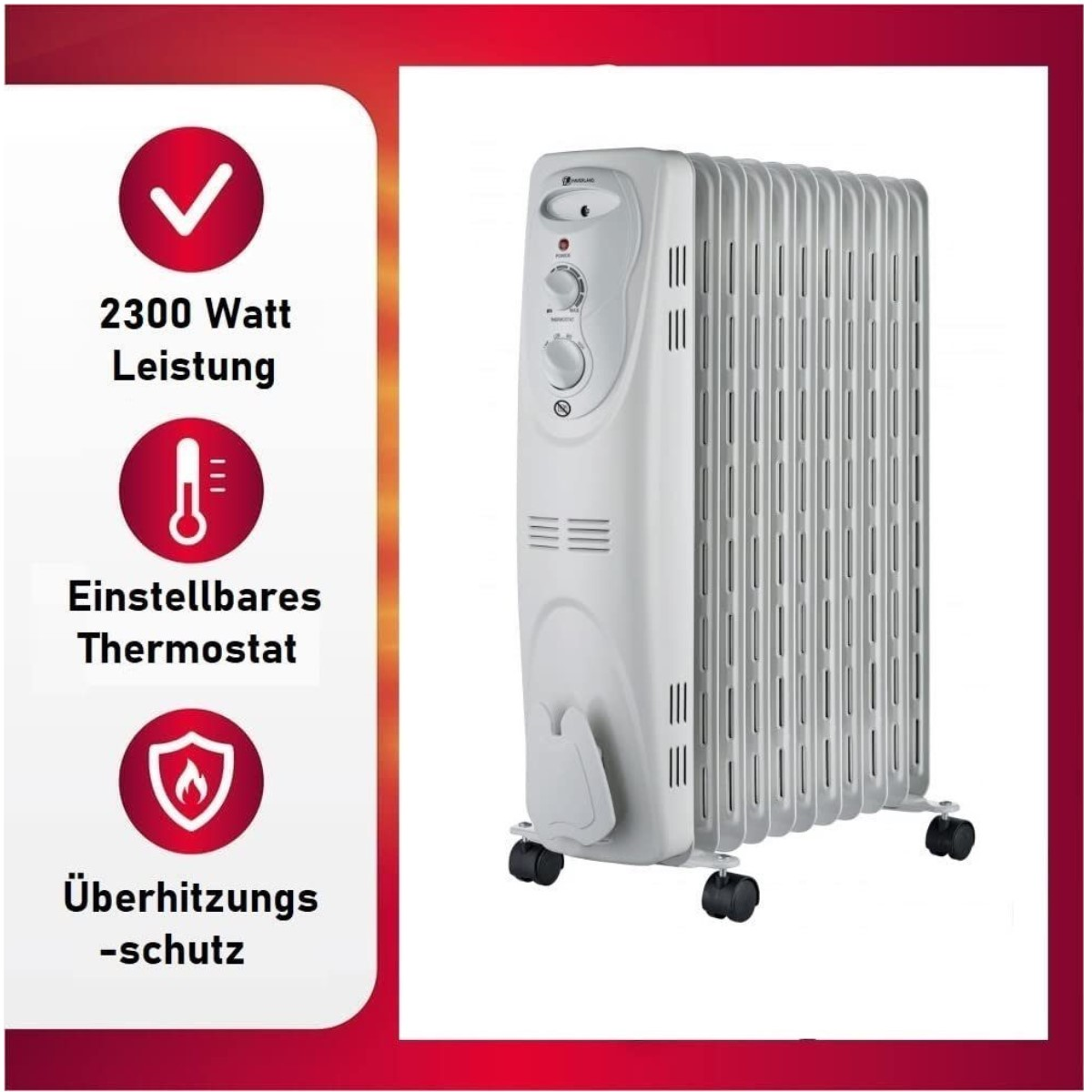 Eine Elektroheizung mit Bedienfeld. Das Panel hat Drehregler, ein rotes Licht und ein weißes Gehäuse.