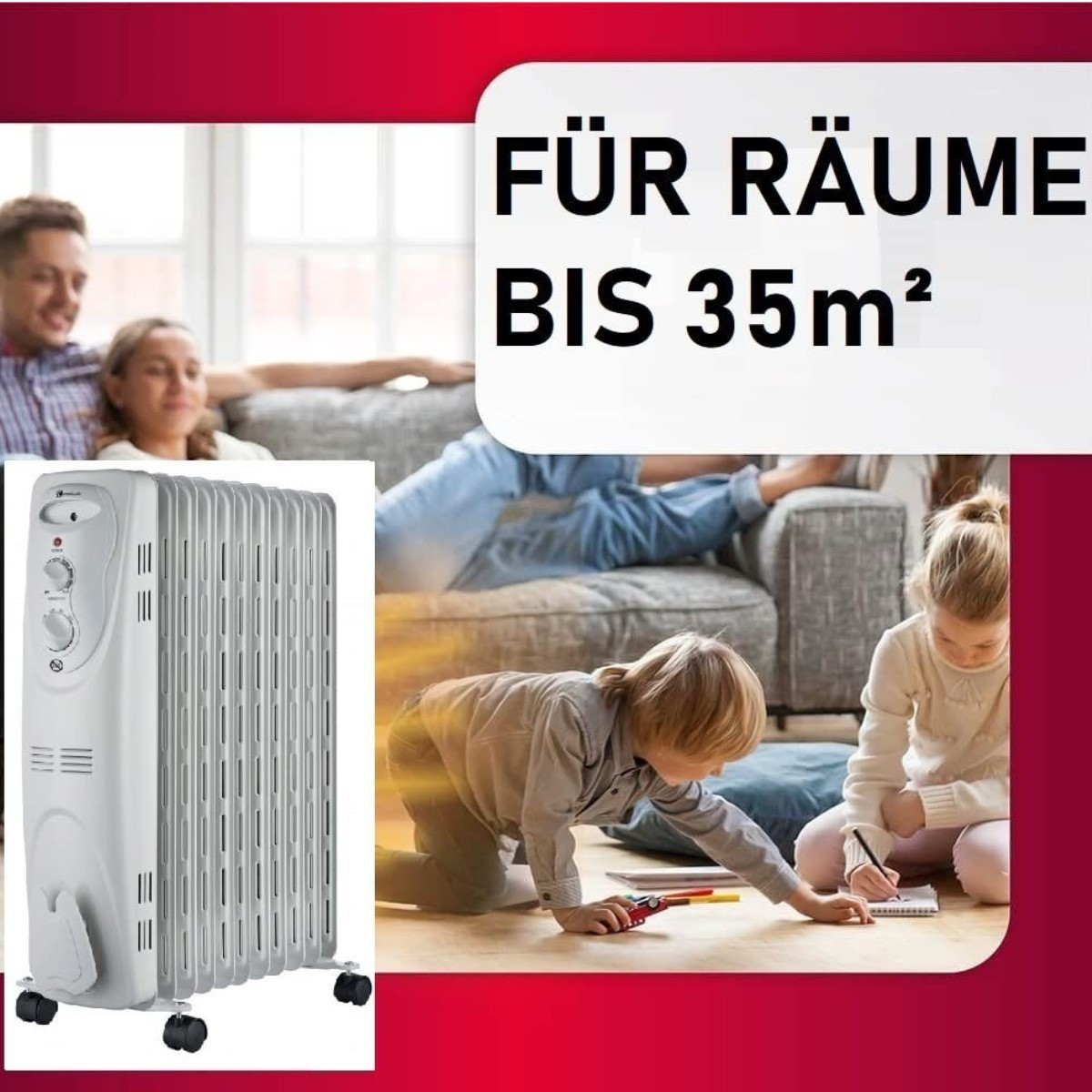 Familie auf dem Sofa und Kinder spielen mit Heizung. Text: Für Räume bis 35 m².