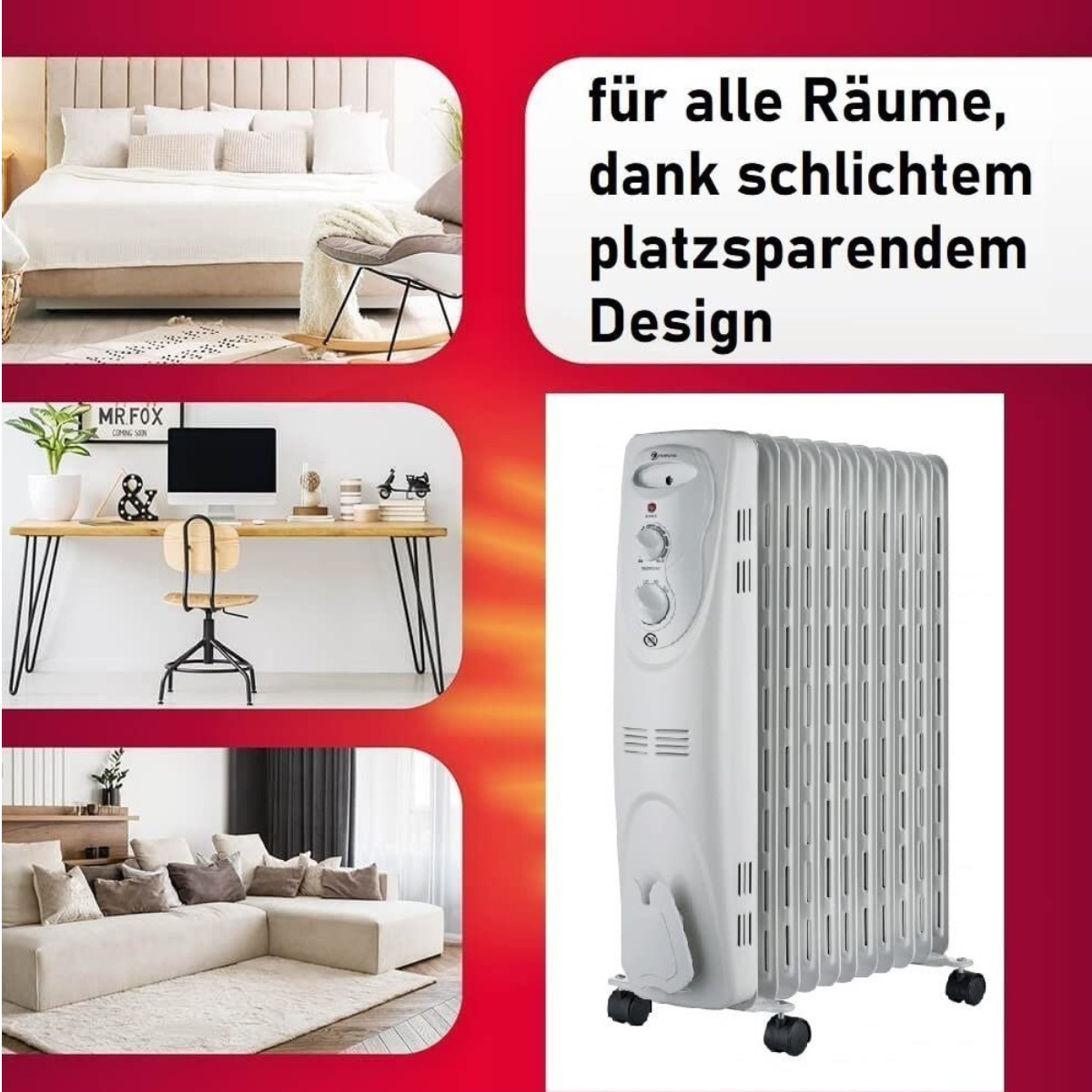Collage mit Schlafzimmer-, Schreibtisch-, Wohnzimmerszenen und einem weißen Heizgerät.