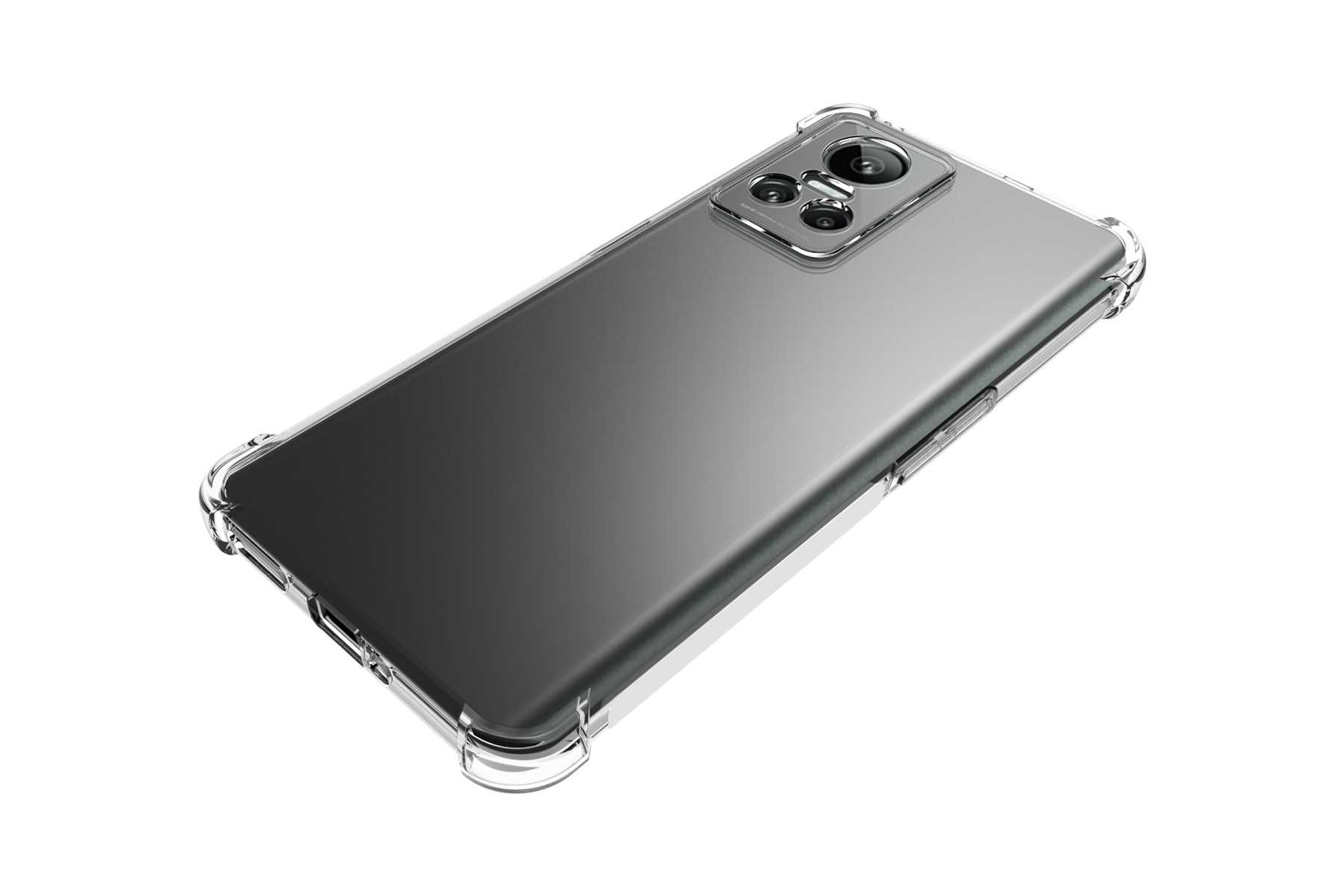 Eine transparente Handyhülle mit einem Telefon darin, das die Kamera und eine glatte Rückseite zeigt.