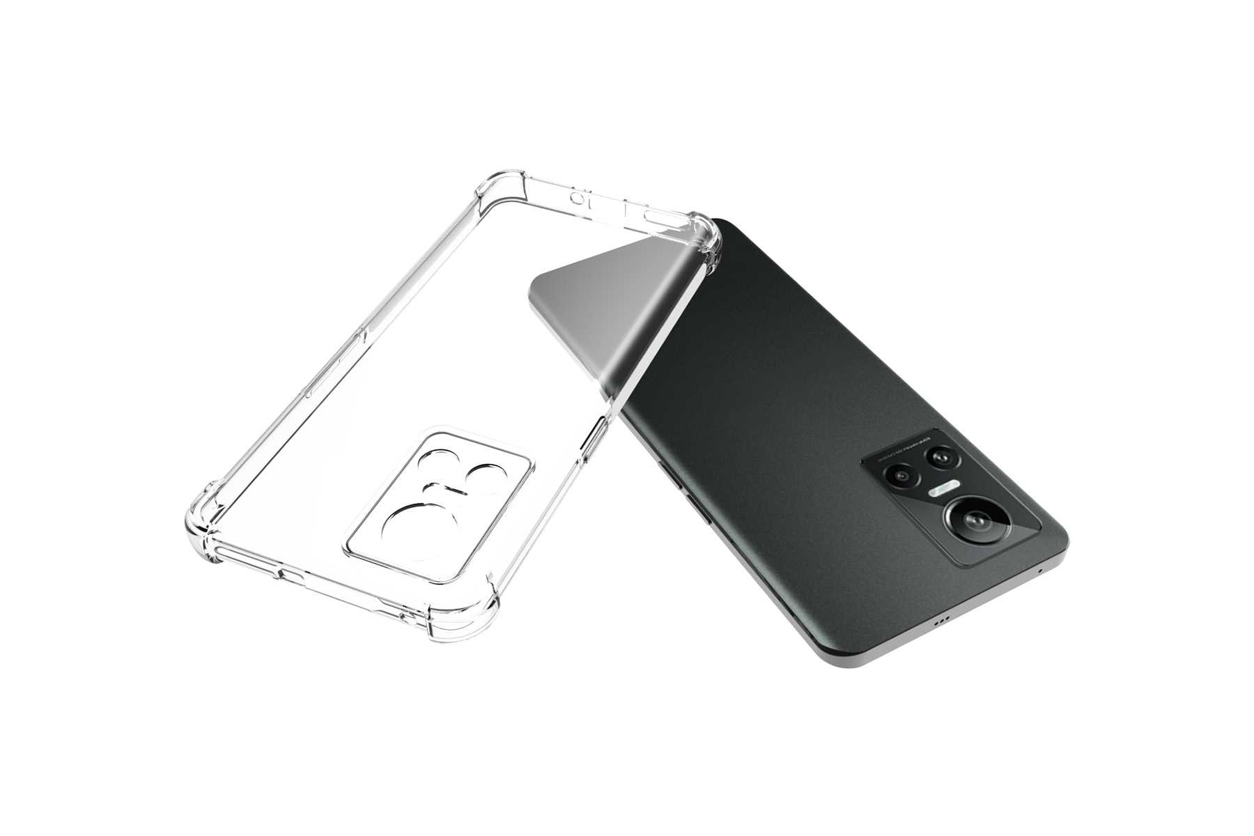 Transparente Handyhülle mit einem Telefon darin. Das Telefon ist schwarz. Die Hülle ist transparent.