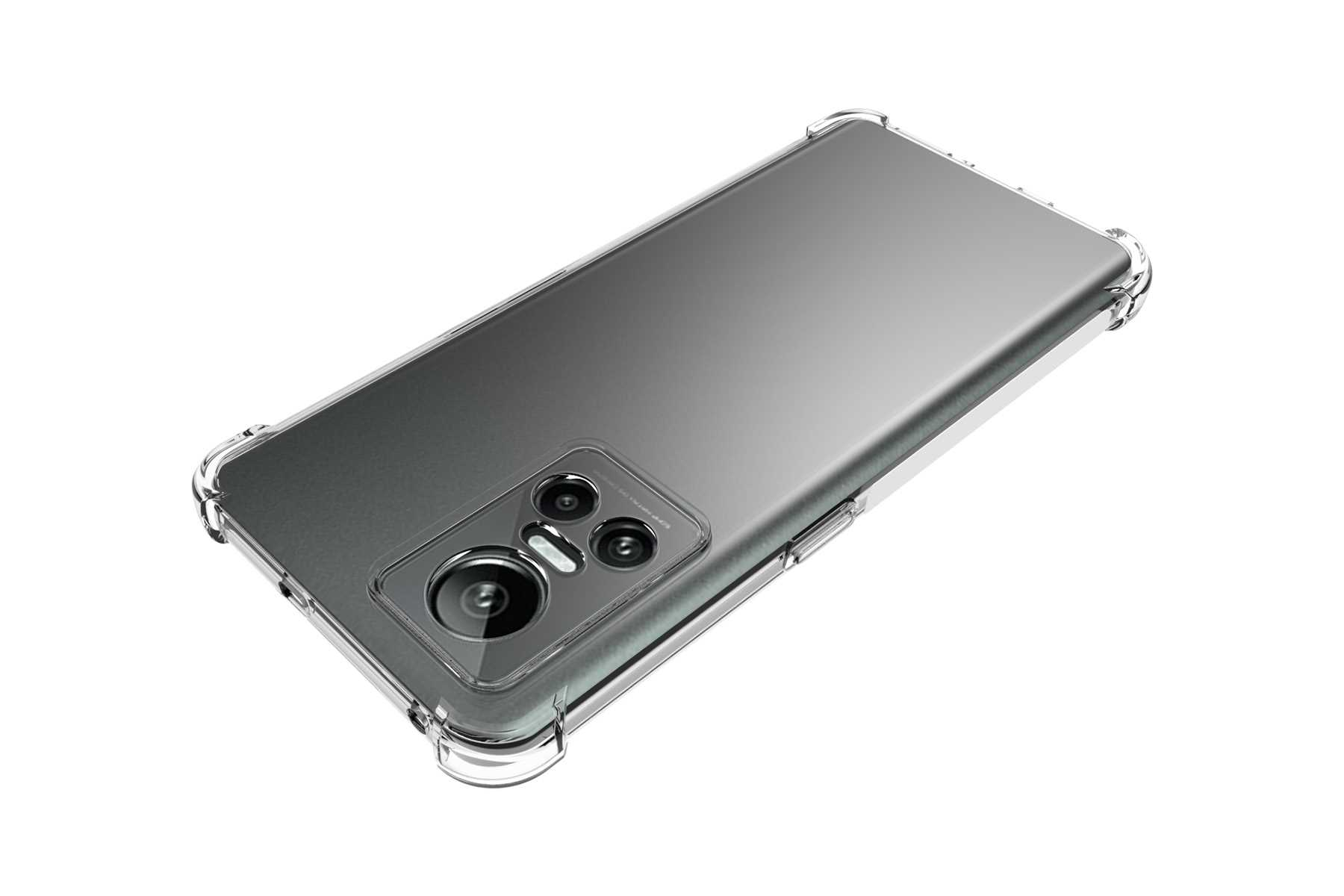Ein Telefon mit klarer Hülle. Das Telefon hat mehrere Kameras mit reflektierender Oberfläche.