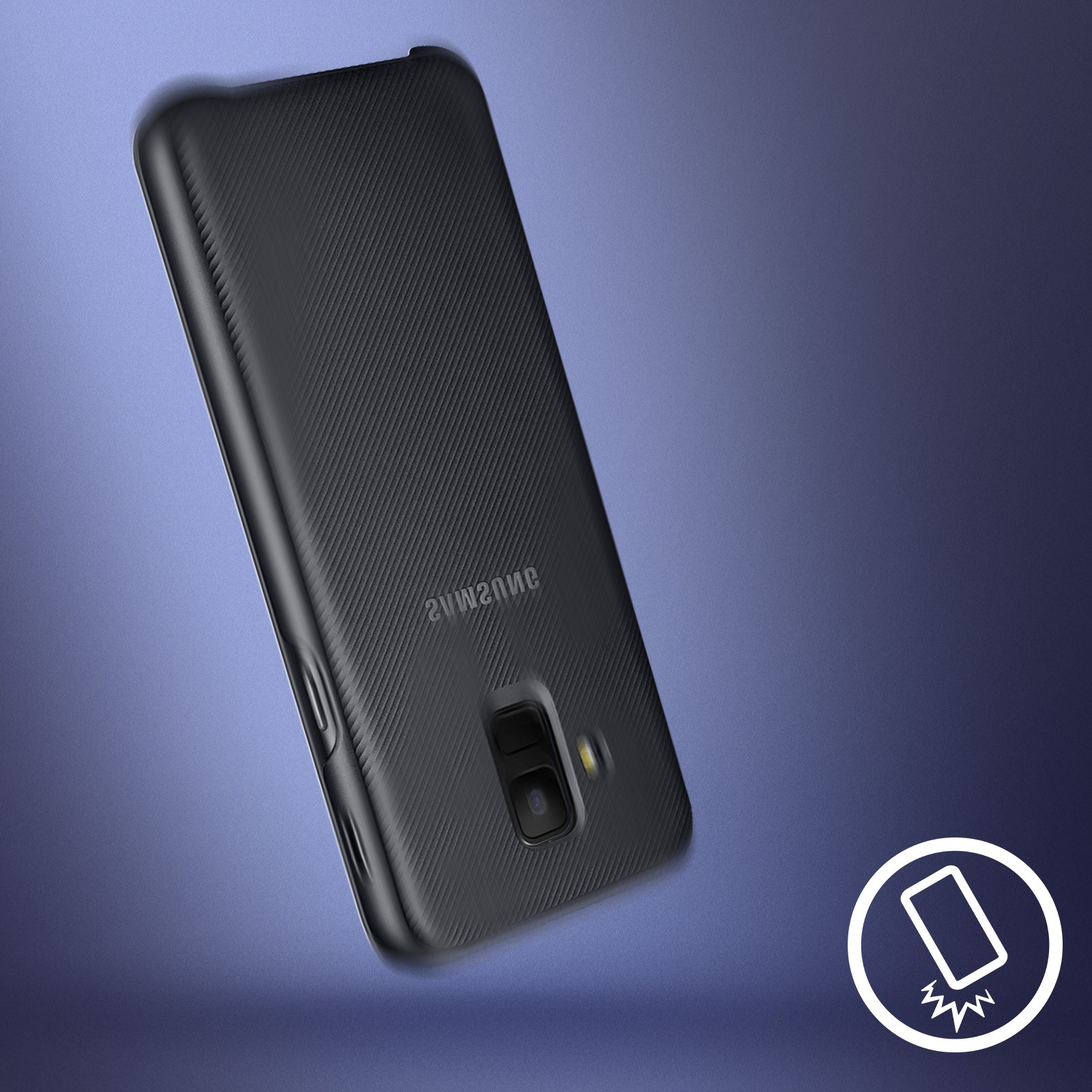 Custodia nera per telefono su sfondo sfumato blu. Ha una superficie strutturata e un logo Samsung.