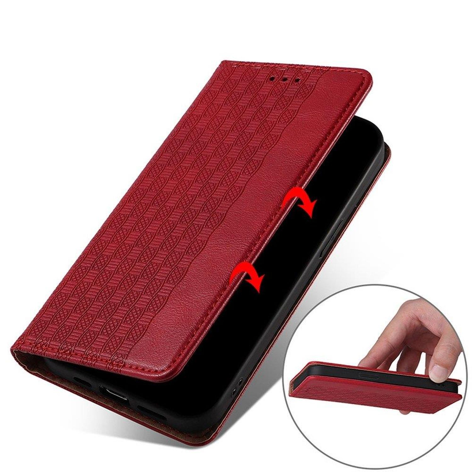 Custodia rossa per telefono, telefono nero dentro. La custodia è aperta, mostrando il telefono e la texture.