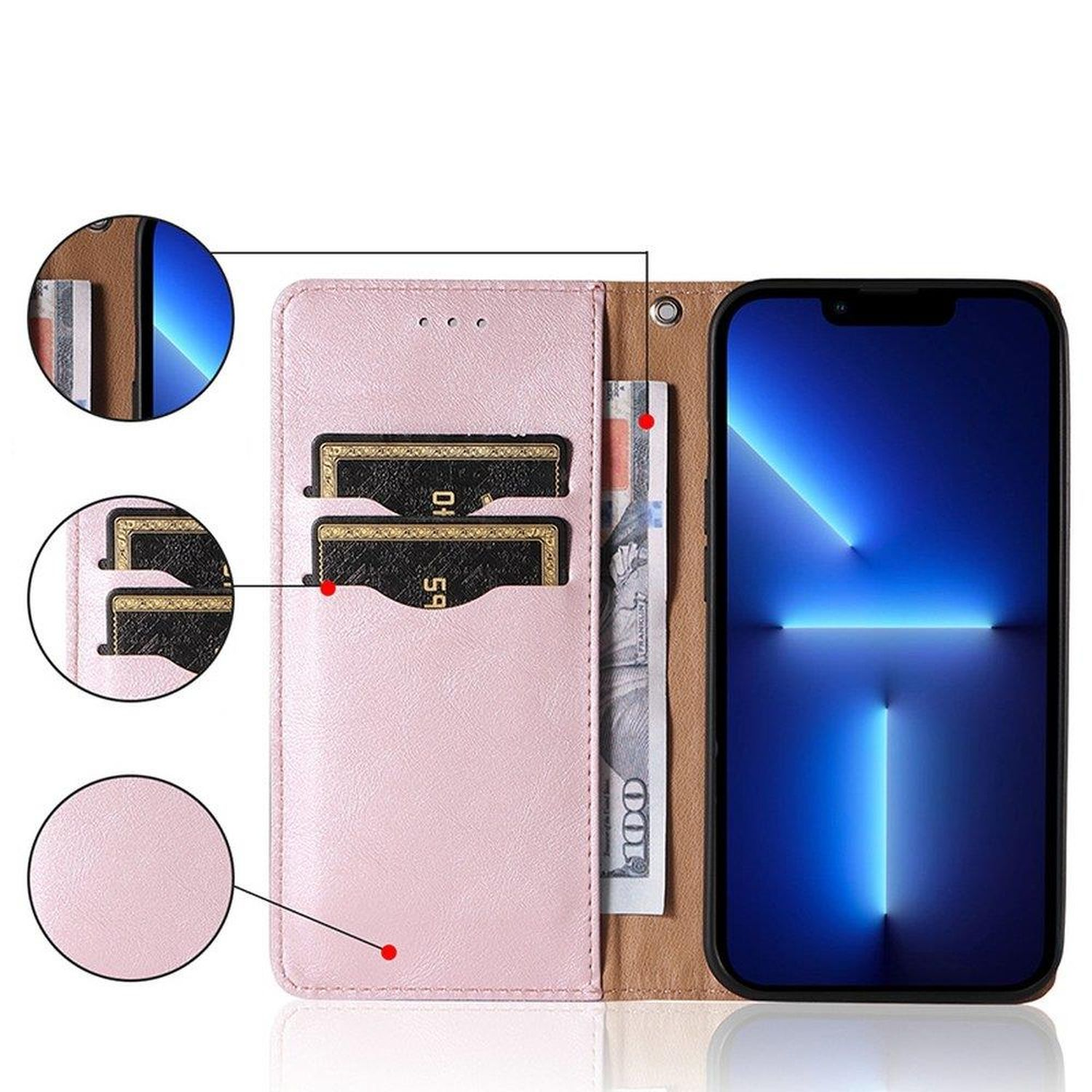 Custodia per telefono rosa con fessure per carte e contanti. Telefono nella custodia mostra schermo blu.