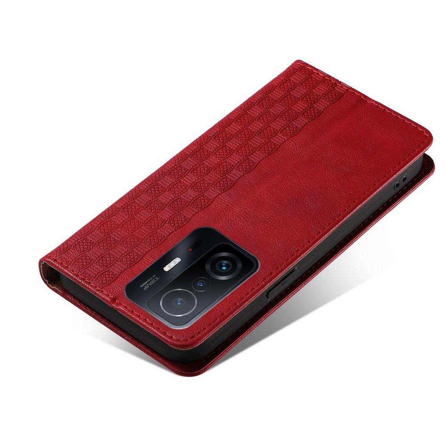Custodia per telefono rossa aperta, con un telefono dentro. La custodia ha un design strutturato. Sfondo bianco.