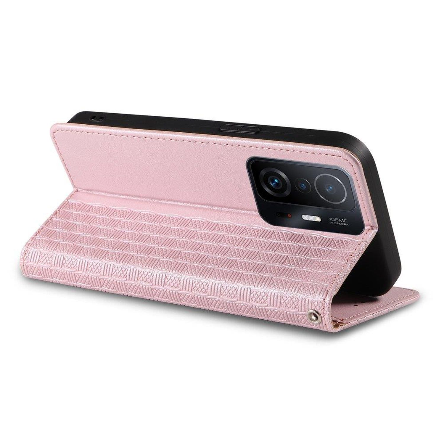 Una custodia per telefono rosa, aperta, con un telefono all'interno, su sfondo bianco.