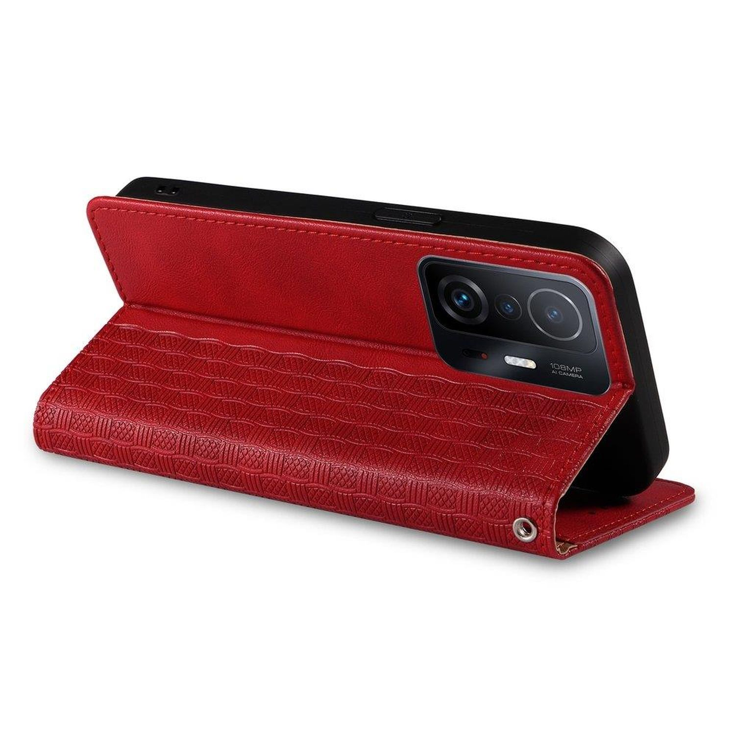 Custodia per telefono in pelle rossa, chiusa, con motivo, rivela la fotocamera.
