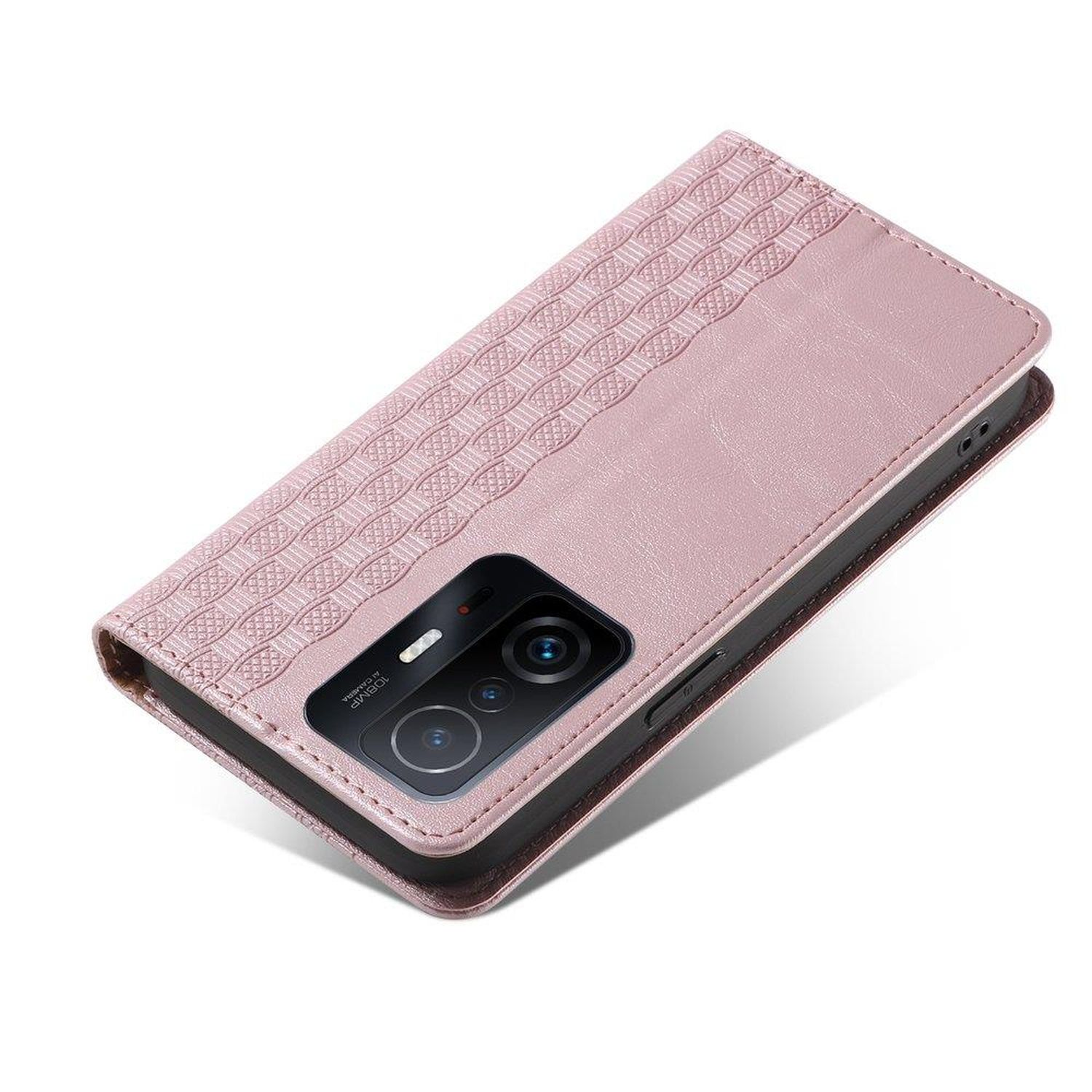 Custodia rosa per telefono con superficie strutturata. Obiettivo della fotocamera visibile.