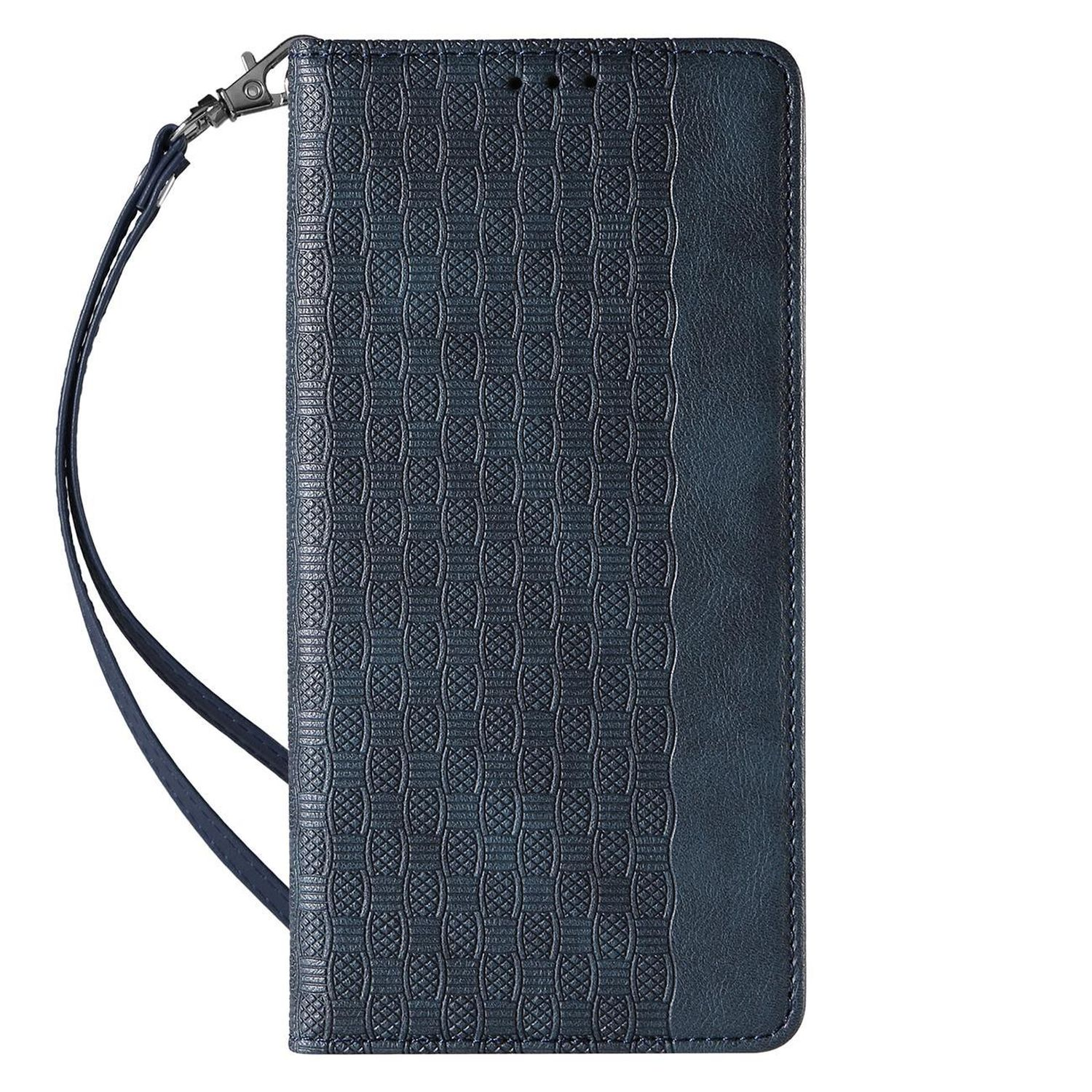 Custodia per telefono blu scuro con cinturino. Texture a motivi, forma rettangolare. Sfondo bianco.