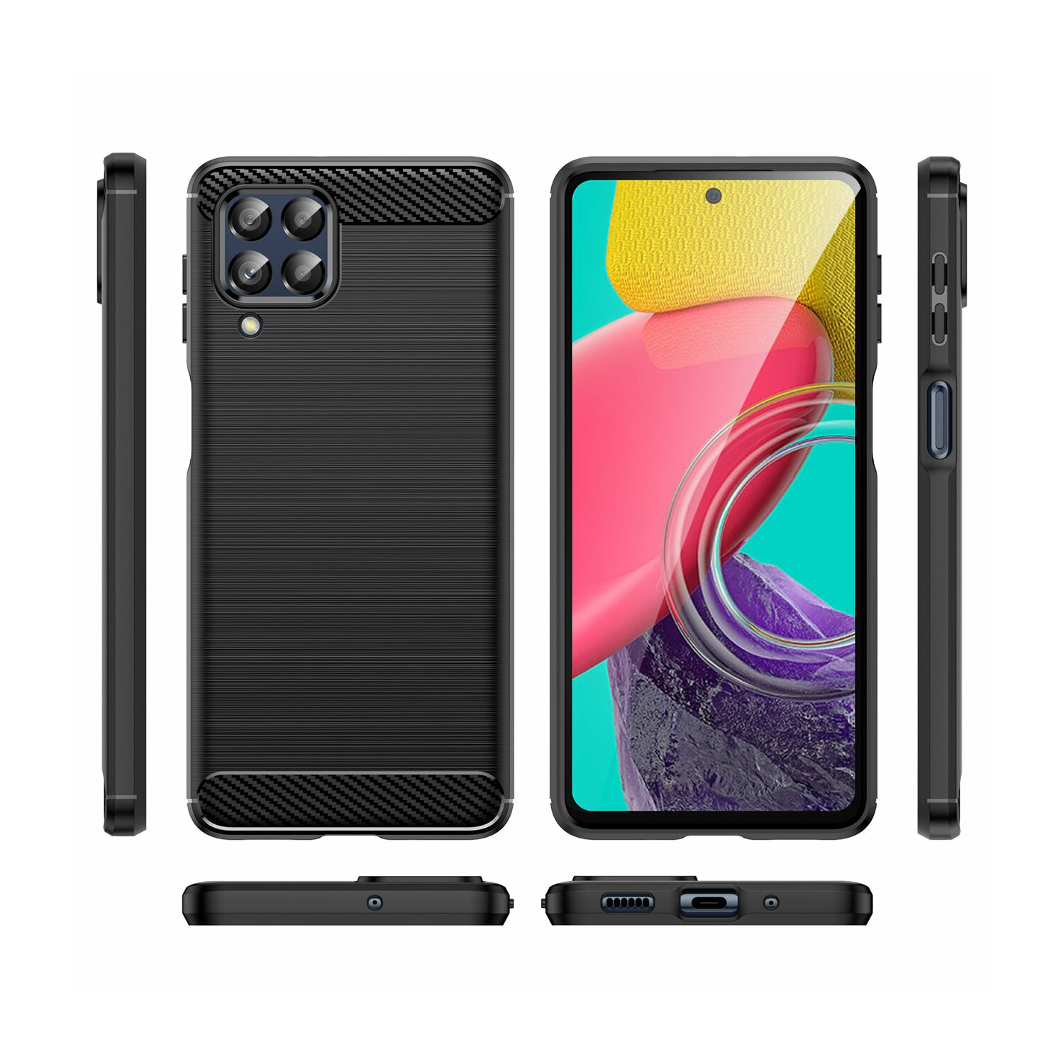 Ein Telefon mit schwarzem Gehäuse. Das Gehäuse hat ein Karbonfasermuster und einen rosa Bildschirm.