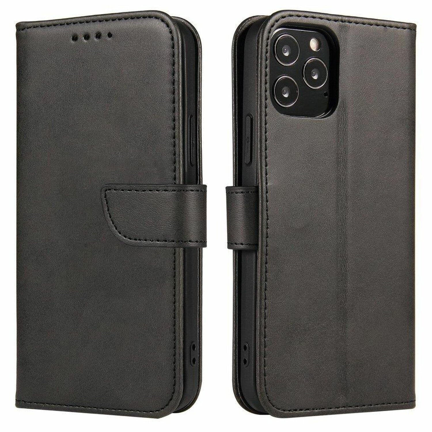 Custodia per telefono in pelle nera con copertura, chiusura magnetica e foro fotocamera.