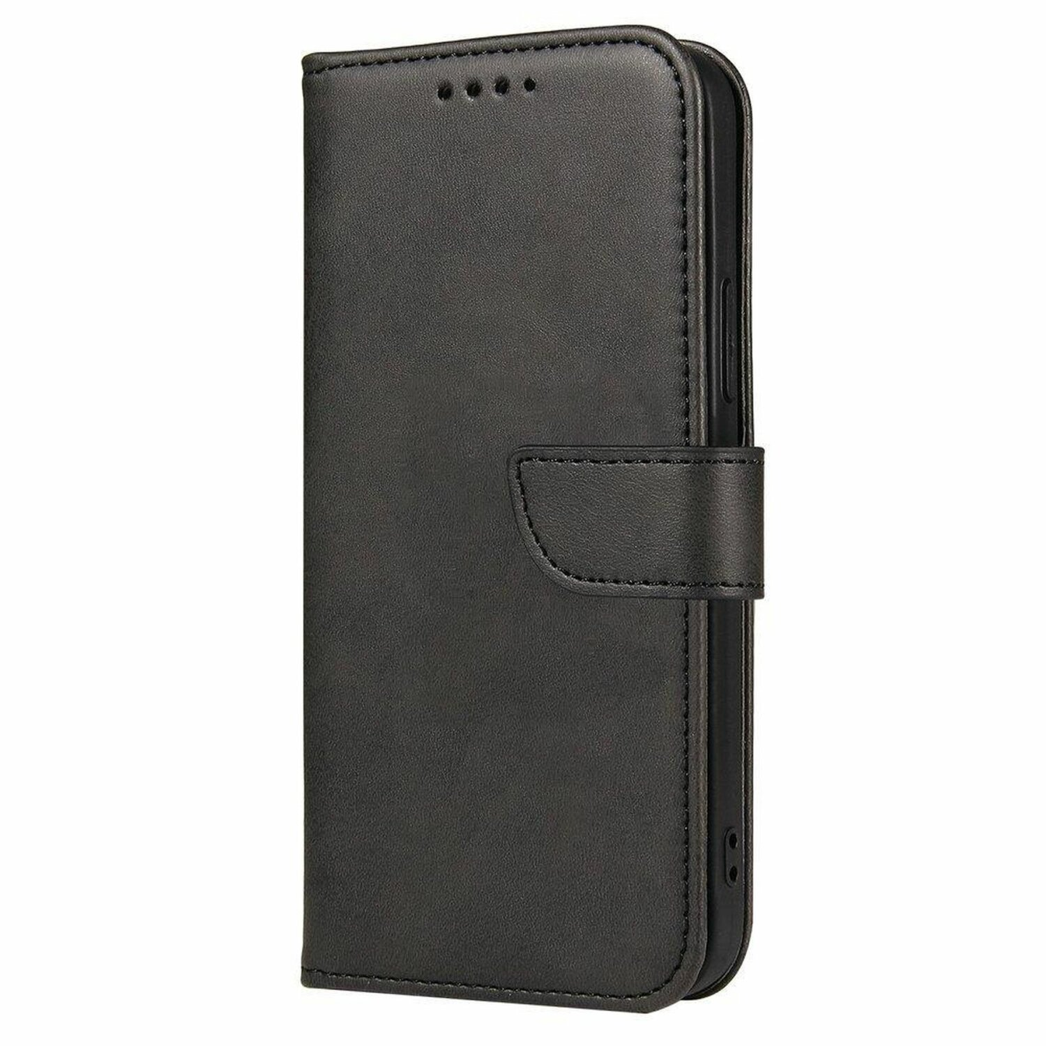 Custodia per telefono in pelle nera. Patta con chiusura magnetica. Tre piccoli fori visibili.