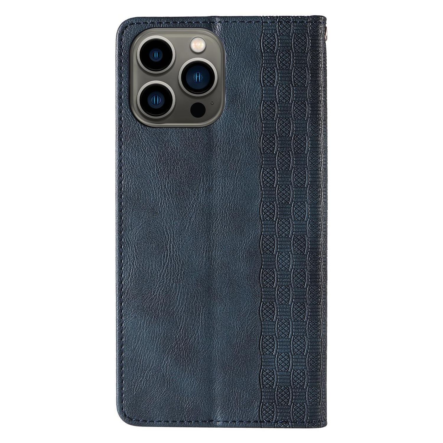 Una custodia per telefono blu con un design strutturato. La custodia copre la parte posteriore e i lati del telefono, con ritagli per la fotocamera.