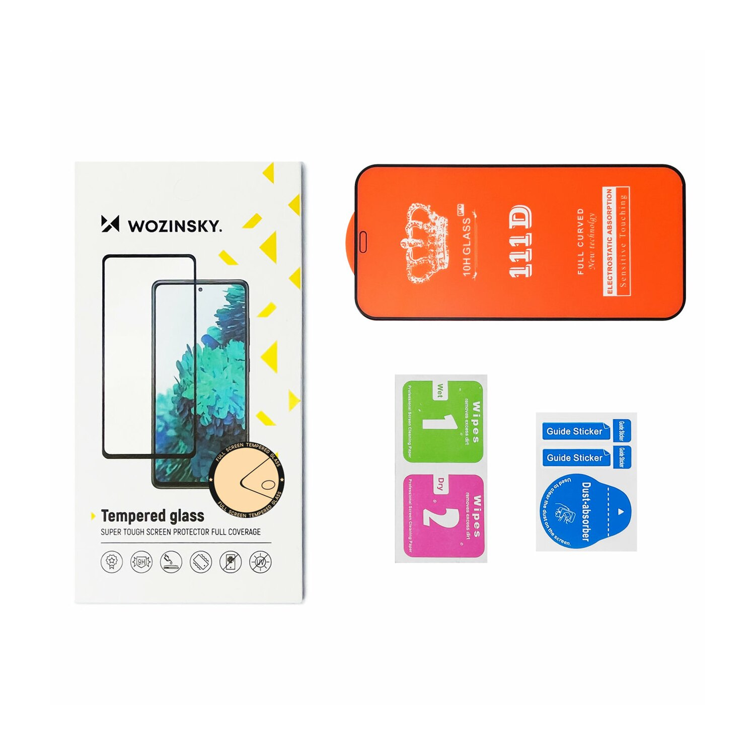 Displayschutzfolien-Set. Enthält Folie, Tücher, Aufkleber und Anleitung. Orange Verpackung.