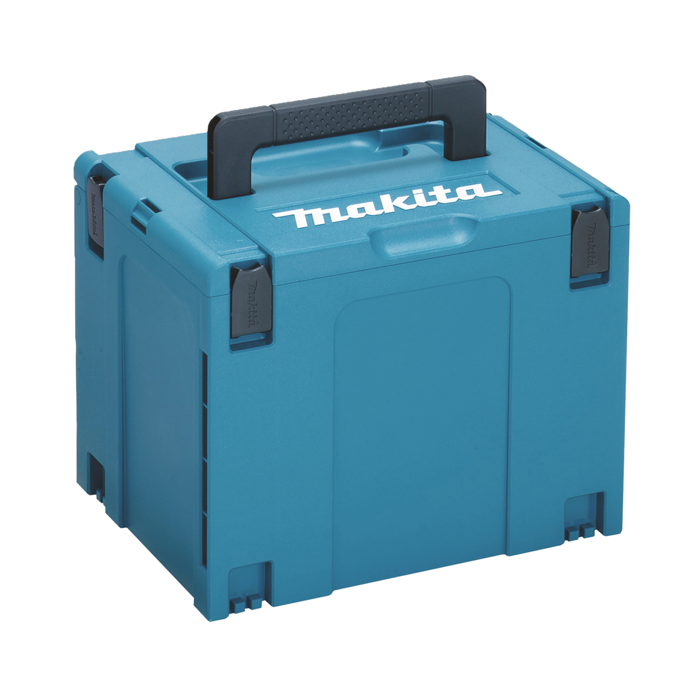 Eine blaue Makita-Werkzeugkiste mit schwarzem Griff.