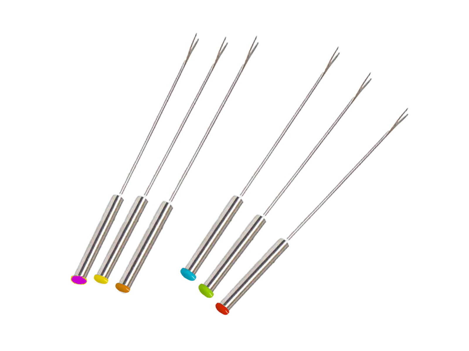Nadeln mit farbcodierten Griffen. Sechs dünne, silberne Nadeln mit unterschiedlich farbigen Griffen: rosa, gelb, orange, blau, grün und rot.