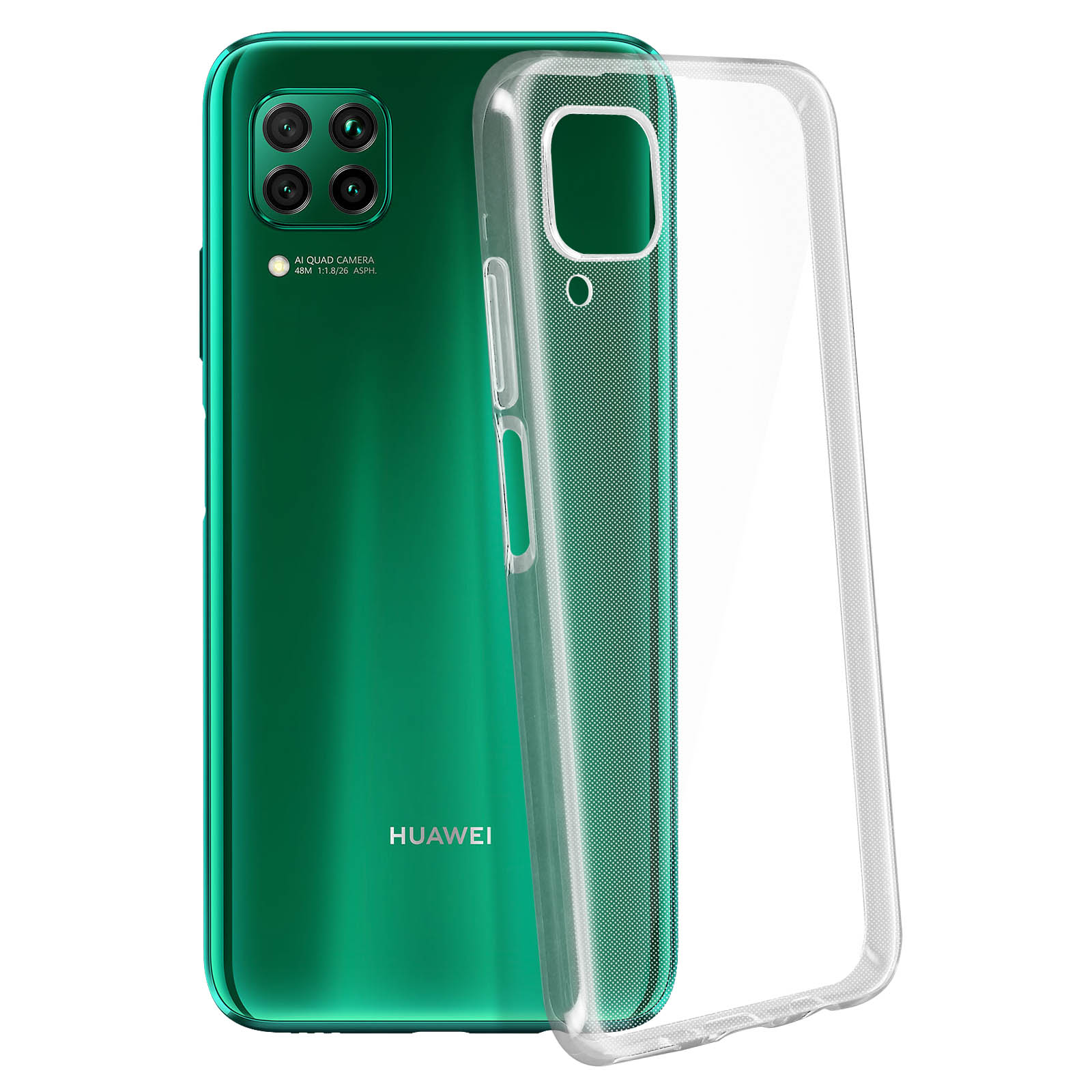 Zielony smartfon, przezroczyste etui z boku. Widoczny poczwórny aparat, z marką 'HUAWEI'.