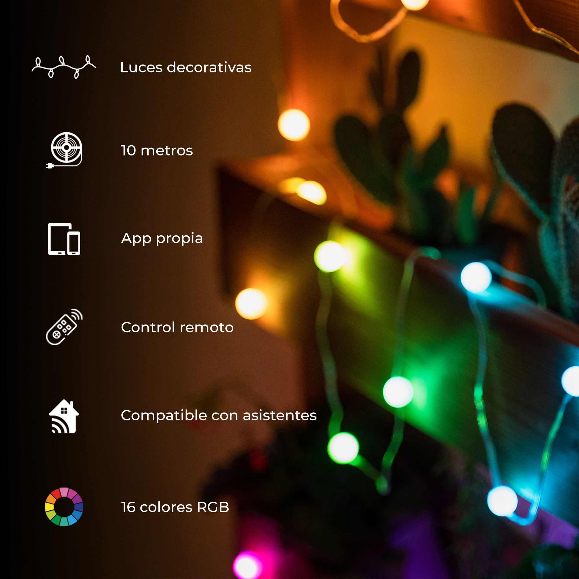 Wielokolorowe lampki choinkowe z ikonami funkcji. Tło roślin.