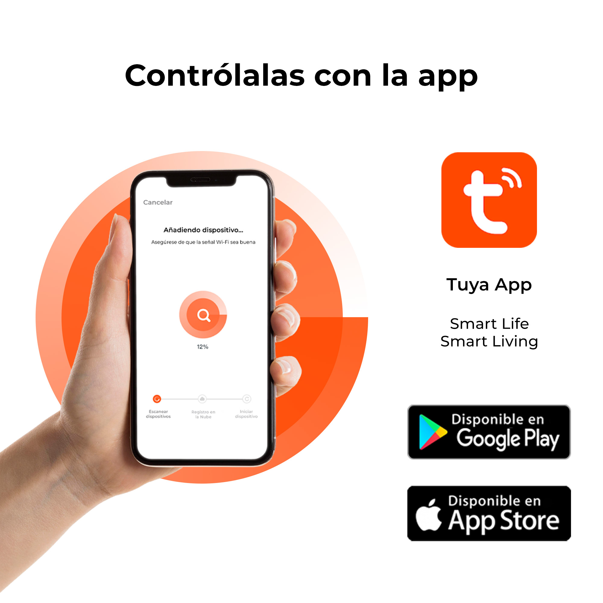 Ręka trzyma smartfona, na którym wyświetlany jest interfejs aplikacji z logo sklepów z aplikacjami.