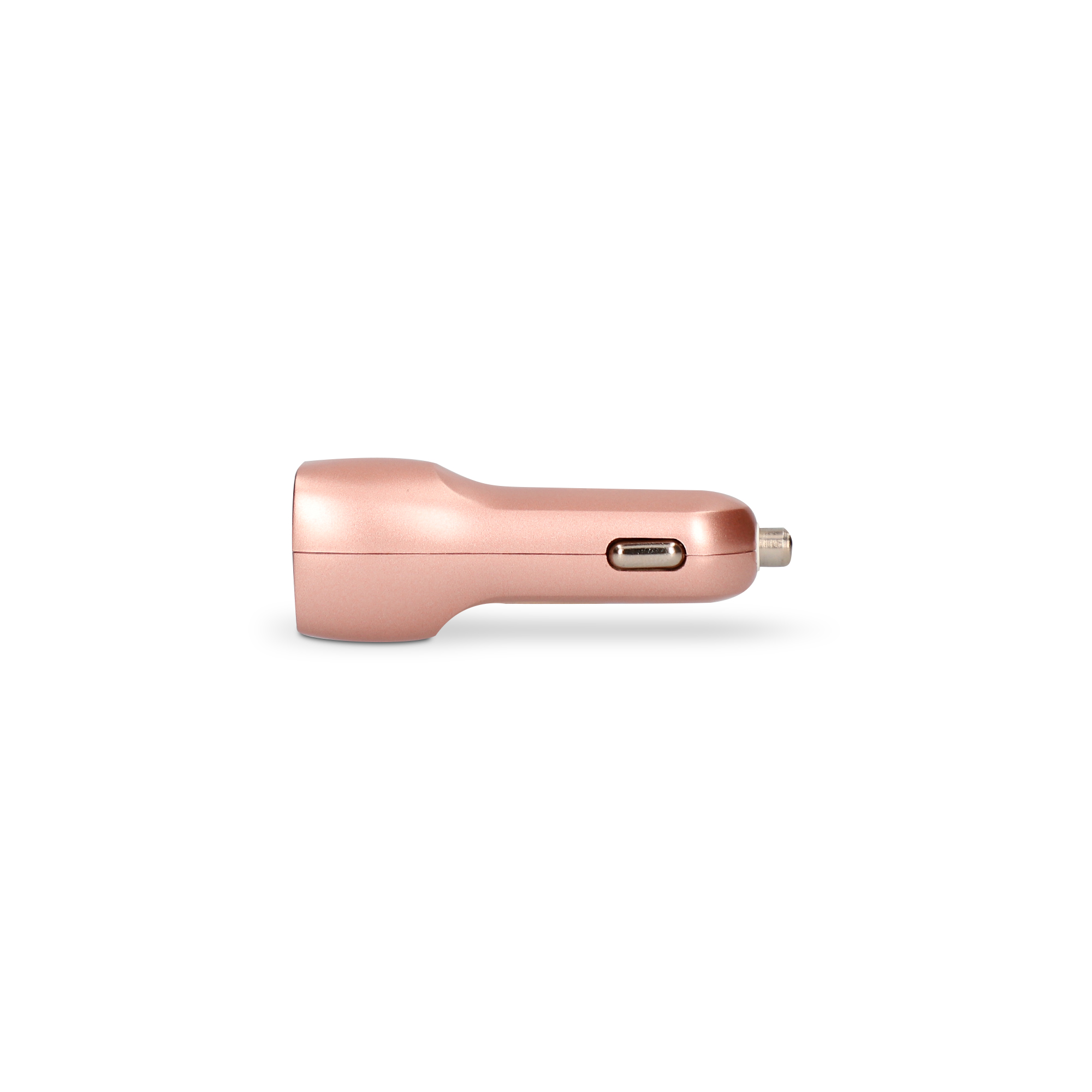 Cargador de coche dorado rosa con puerto USB, sobre fondo blanco. Vista lateral.