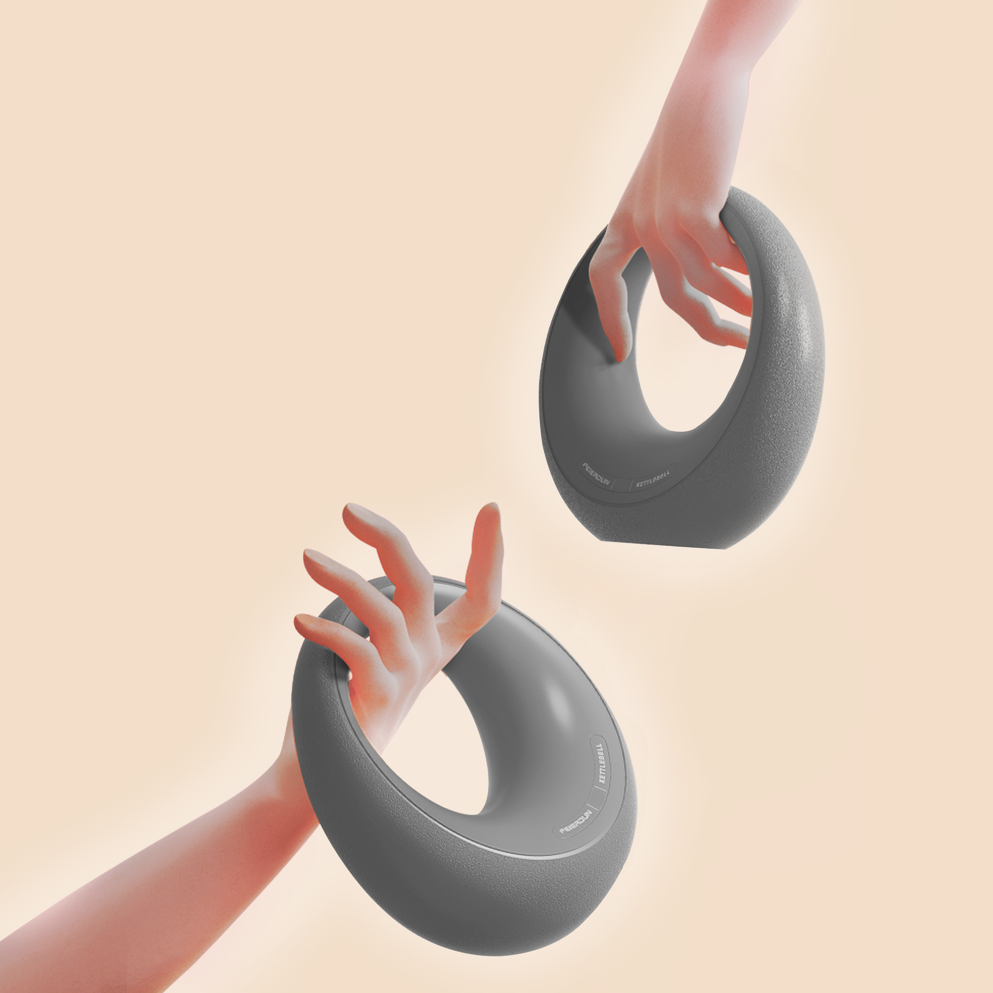Dos manos sostienen un objeto gris en forma de anillo. El fondo es de color melocotón.