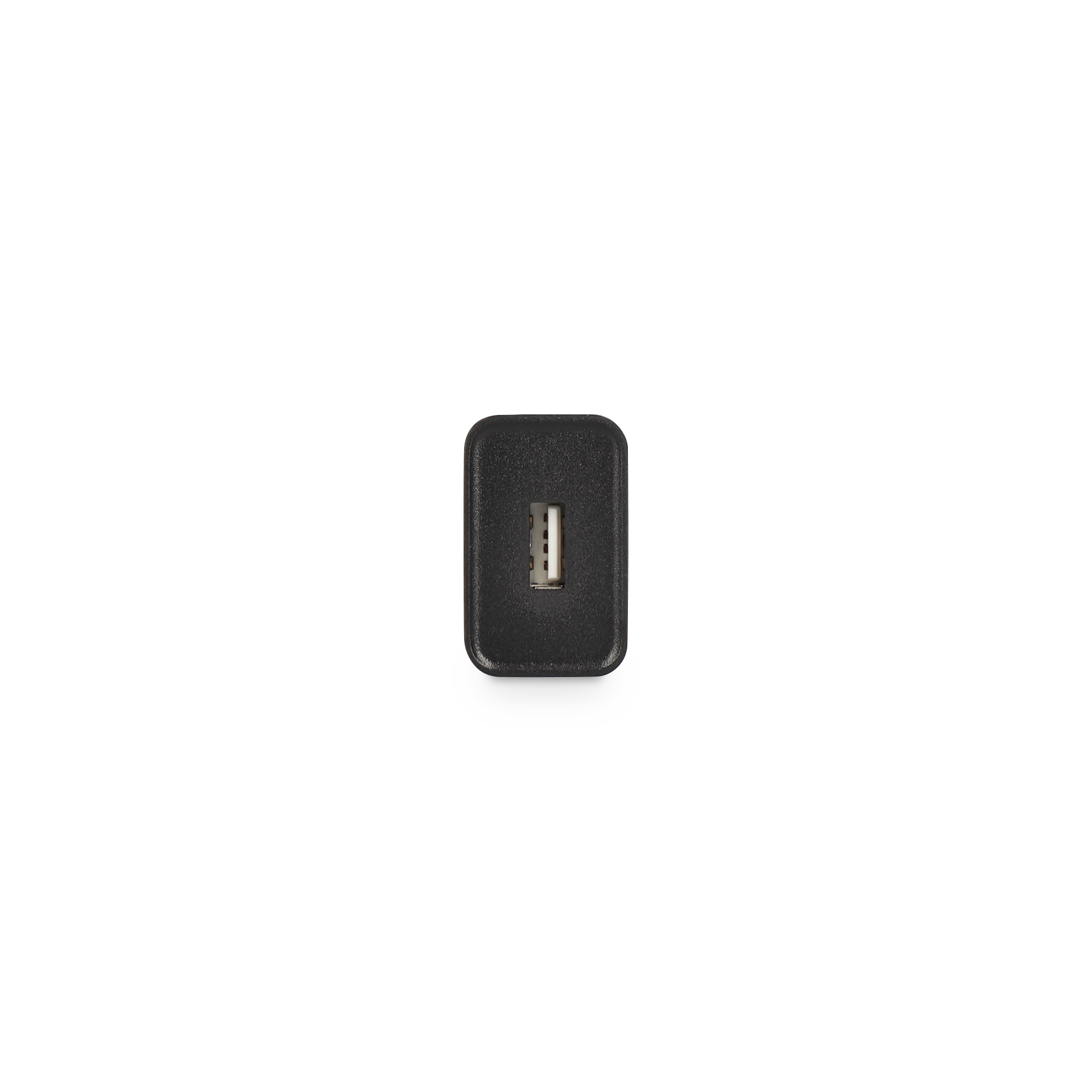 Adaptador de corriente negro con un puerto USB. Fondo blanco.
