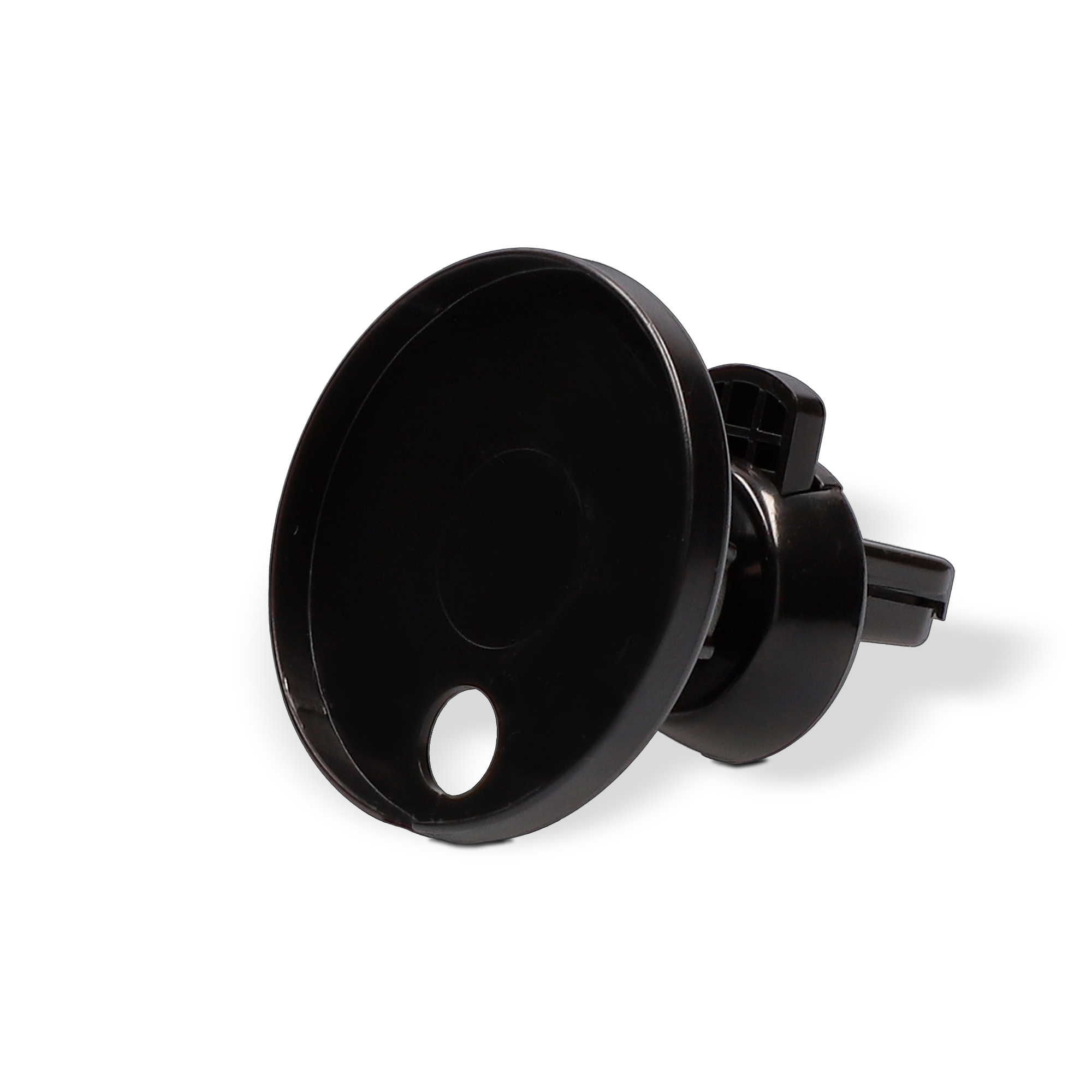 Accesorio negro de montaje de teléfono con ventosa de plástico sobre fondo blanco.