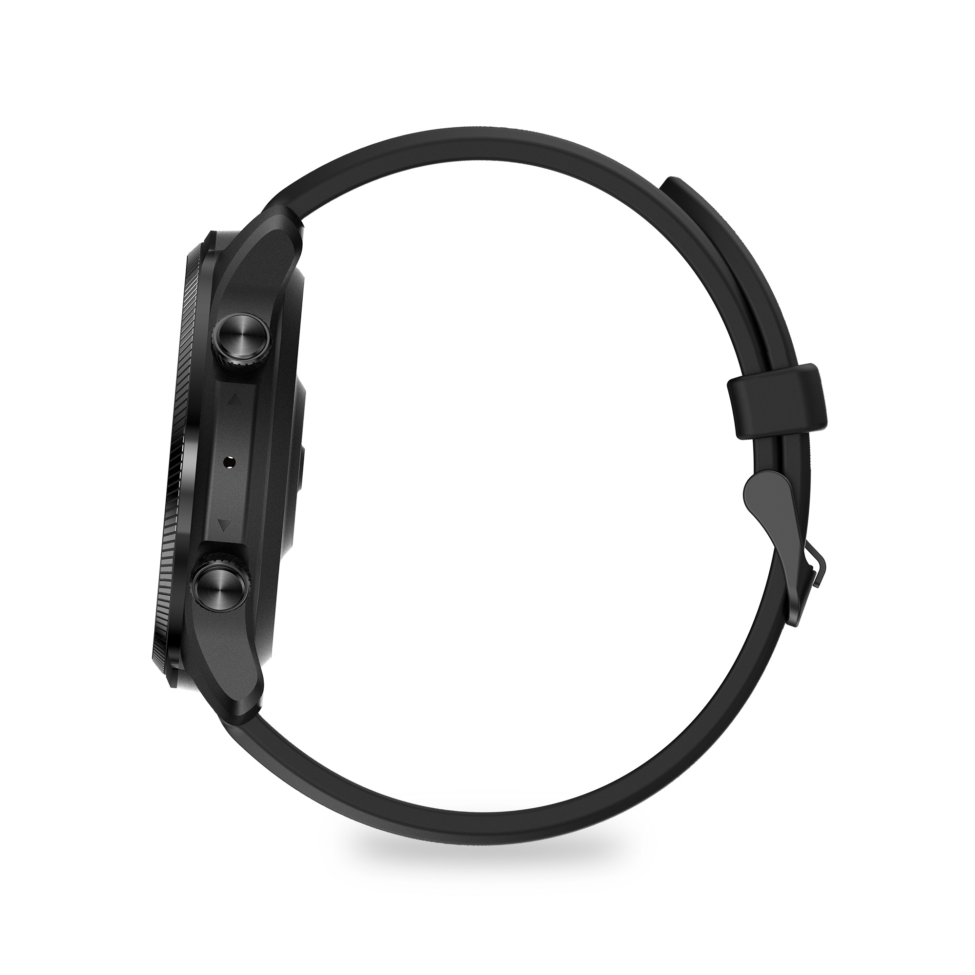 Uno smartwatch nero, visto di lato, mostra il cinturino e i pulsanti laterali.