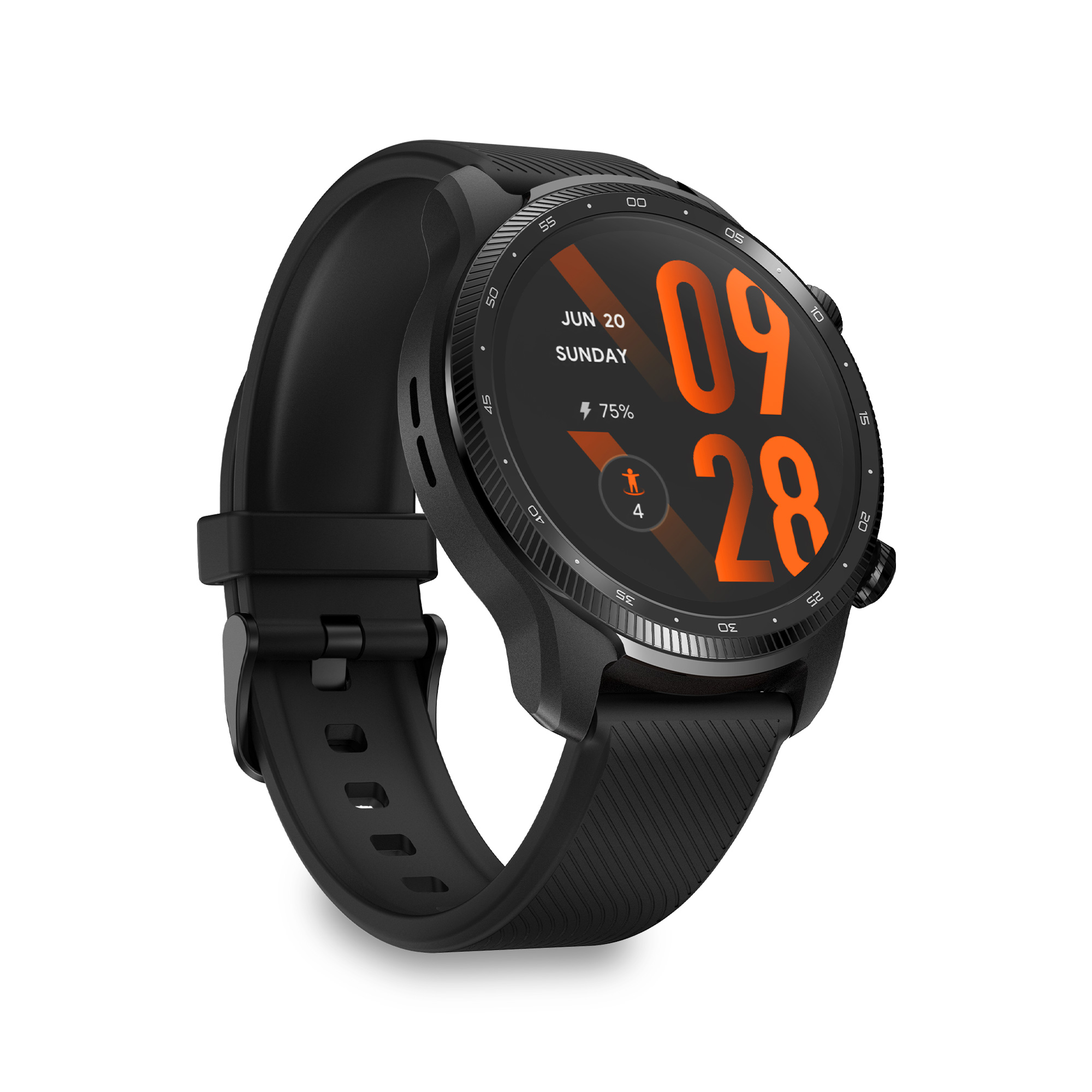 Smartwatch nero che mostra l'ora e la durata della batteria con un cinturino nero.