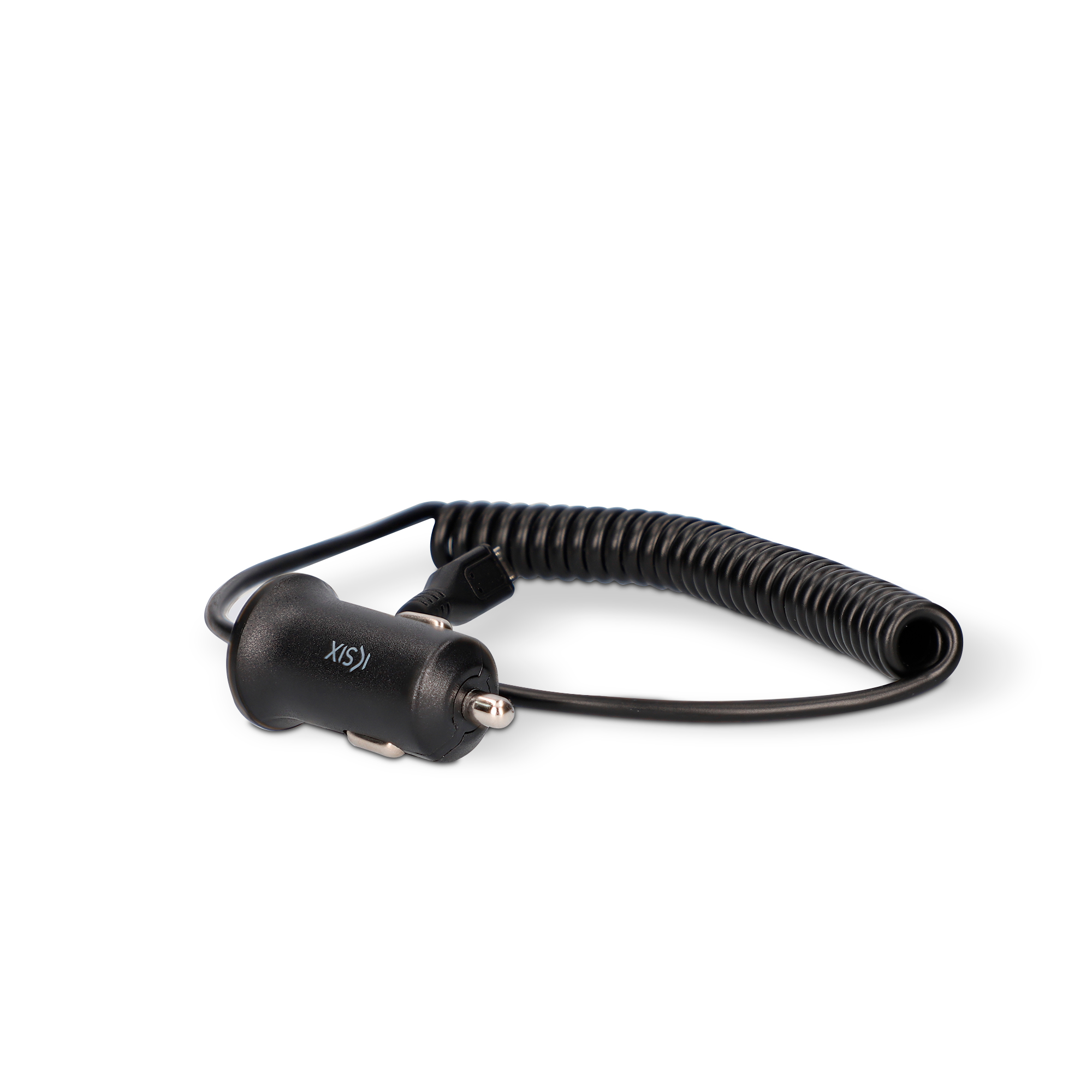 Cargador de coche negro con cable en espiral y conector USB.