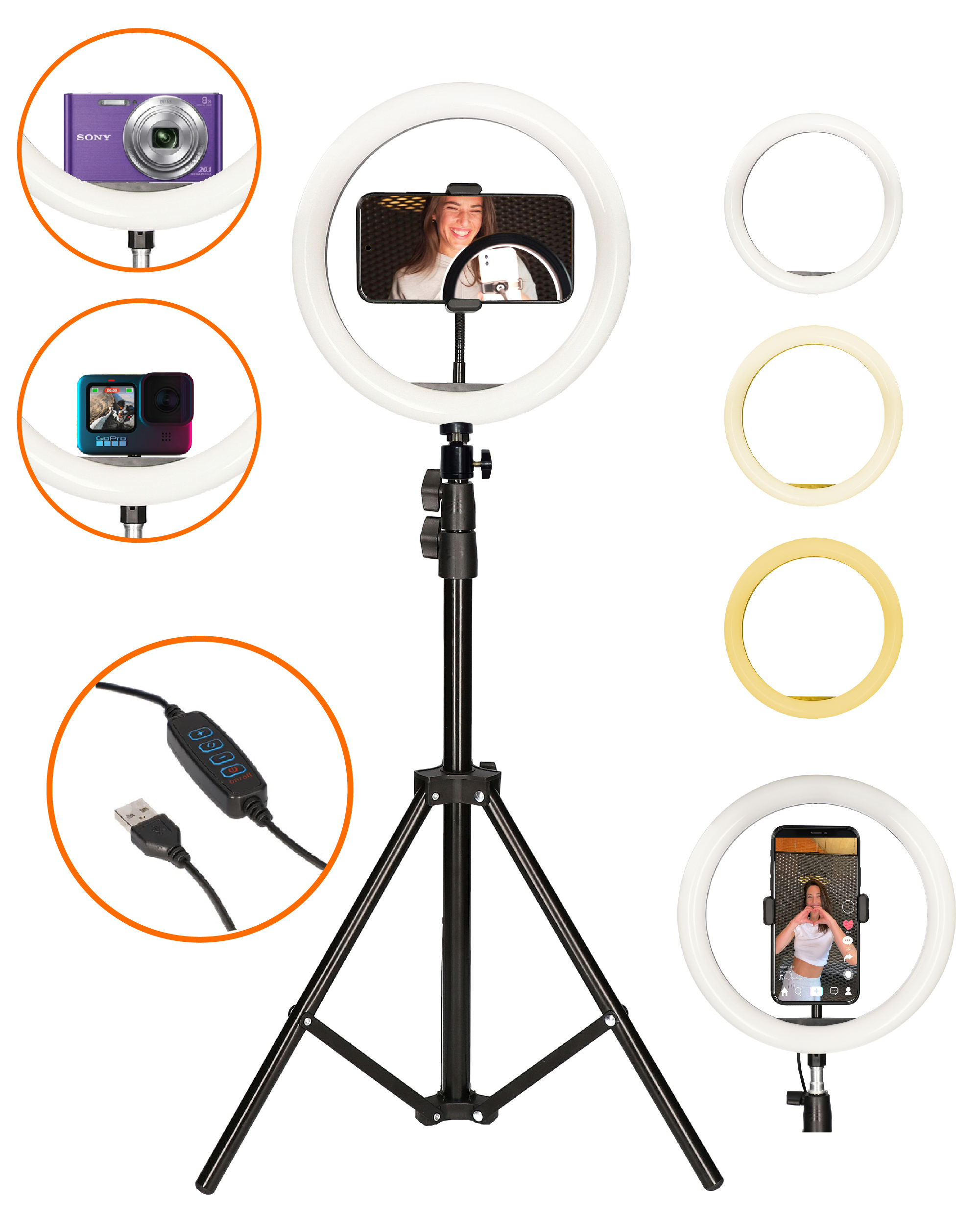Una configuración de luz de anillo con un teléfono y múltiples anillos de luz de colores y una cámara.