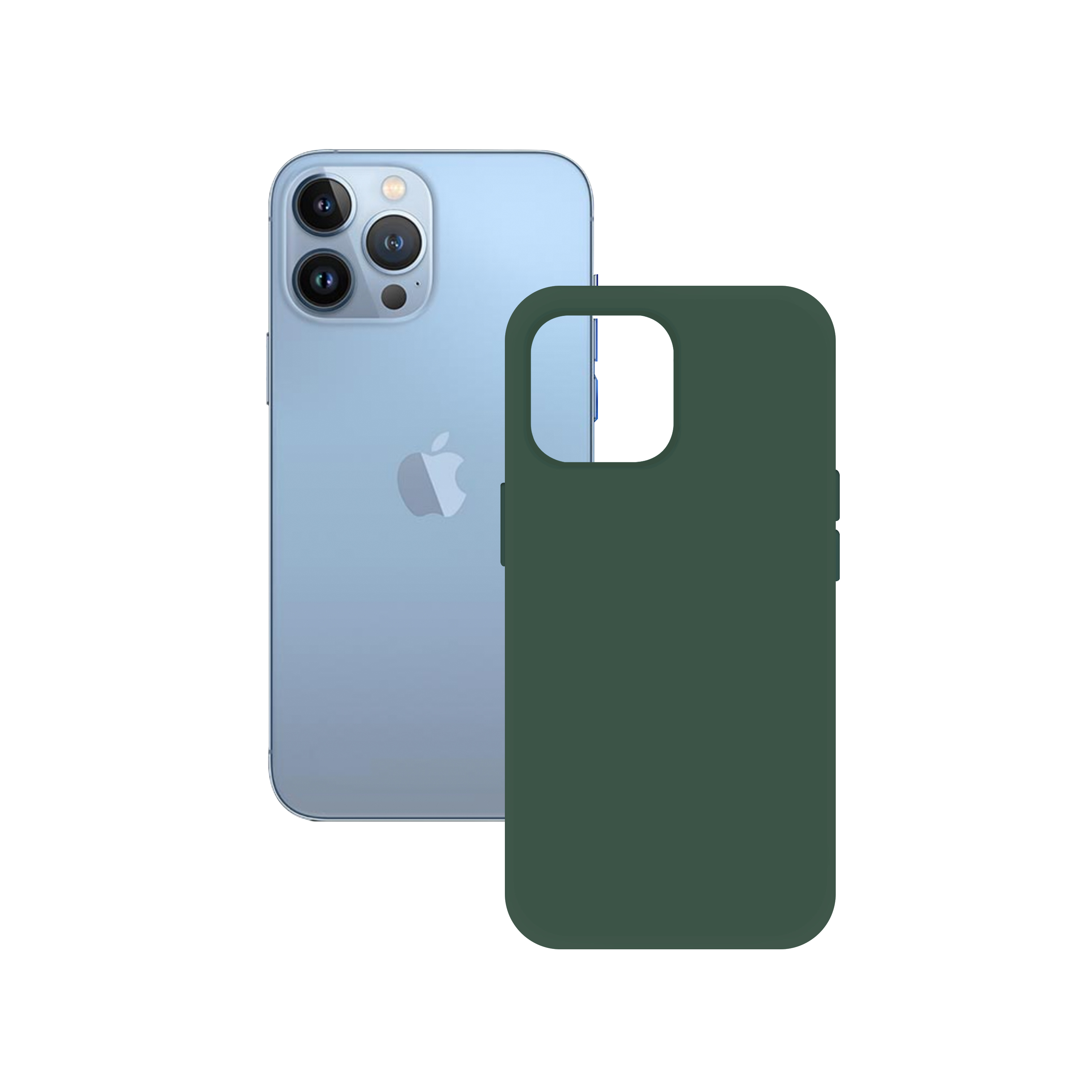 iPhone blu e una custodia protettiva verde, vista laterale con la fotocamera visibile.