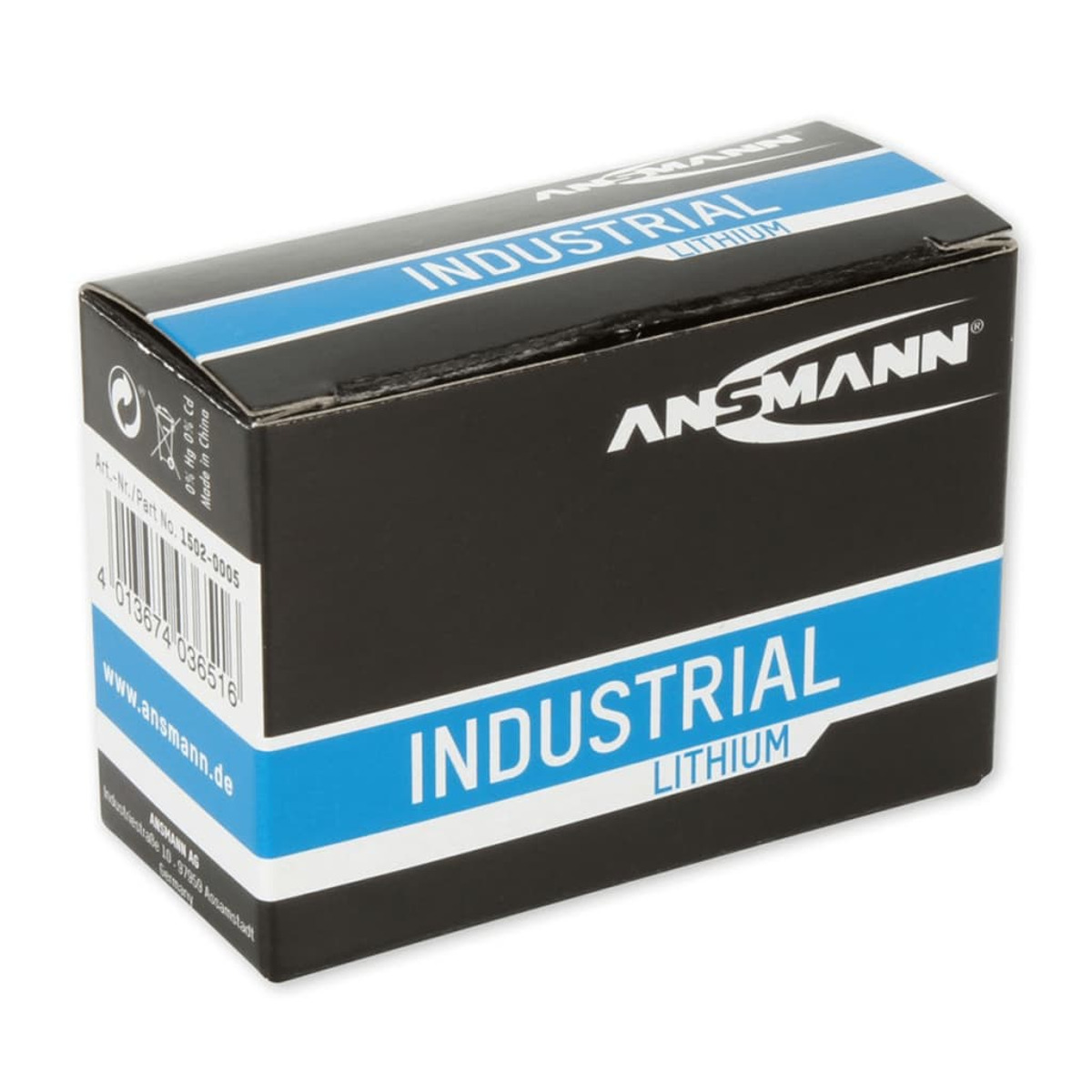 Eine schwarz-blaue Batteriebox mit den Worten INDUSTRIAL LITHIUM, auf weißem Untergrund.